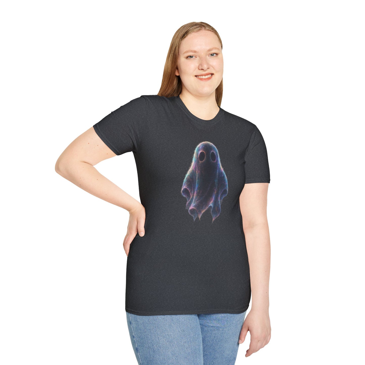 Ethereal Neon Ghost Tee - Iridescent Ghost Graphic T-Shirt, Spooky Aesthetic Halloween Shirt, Vibrant Vaporwave Ghost Tee for Fall