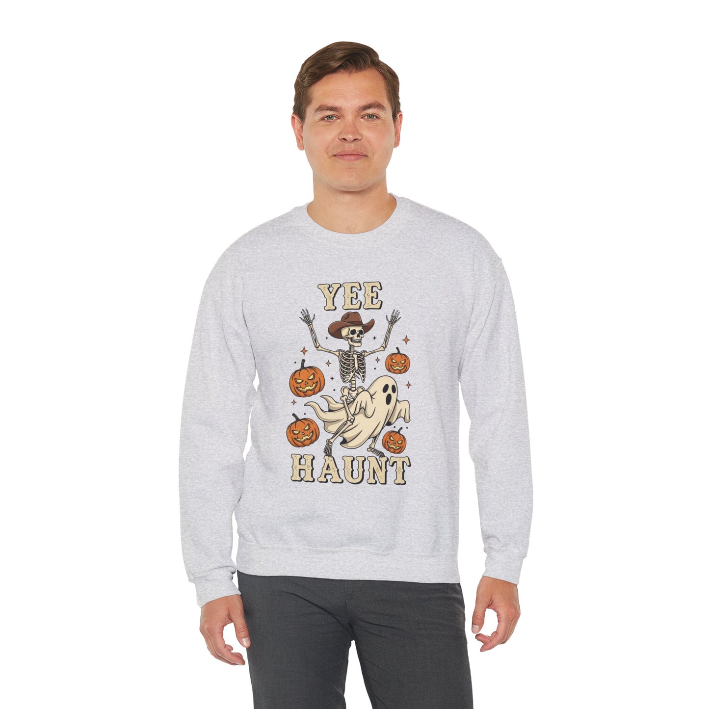 Yee Haunt Sweatshirt, Skeleton Ghost Pullover, Funny Halloween Crewneck, Spooky Pumpkin Ghost Tee, Haunting Night Graphic Sweatshirt
