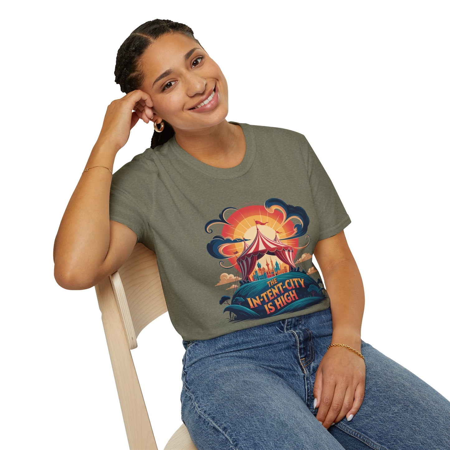 In-Tent-City Is High Retro Camp T-Shirt | Vintage Circus Tent + Cityscape Graphic | Funny Outdoors Urban Adventure Tee | Unisex Camper Shirt