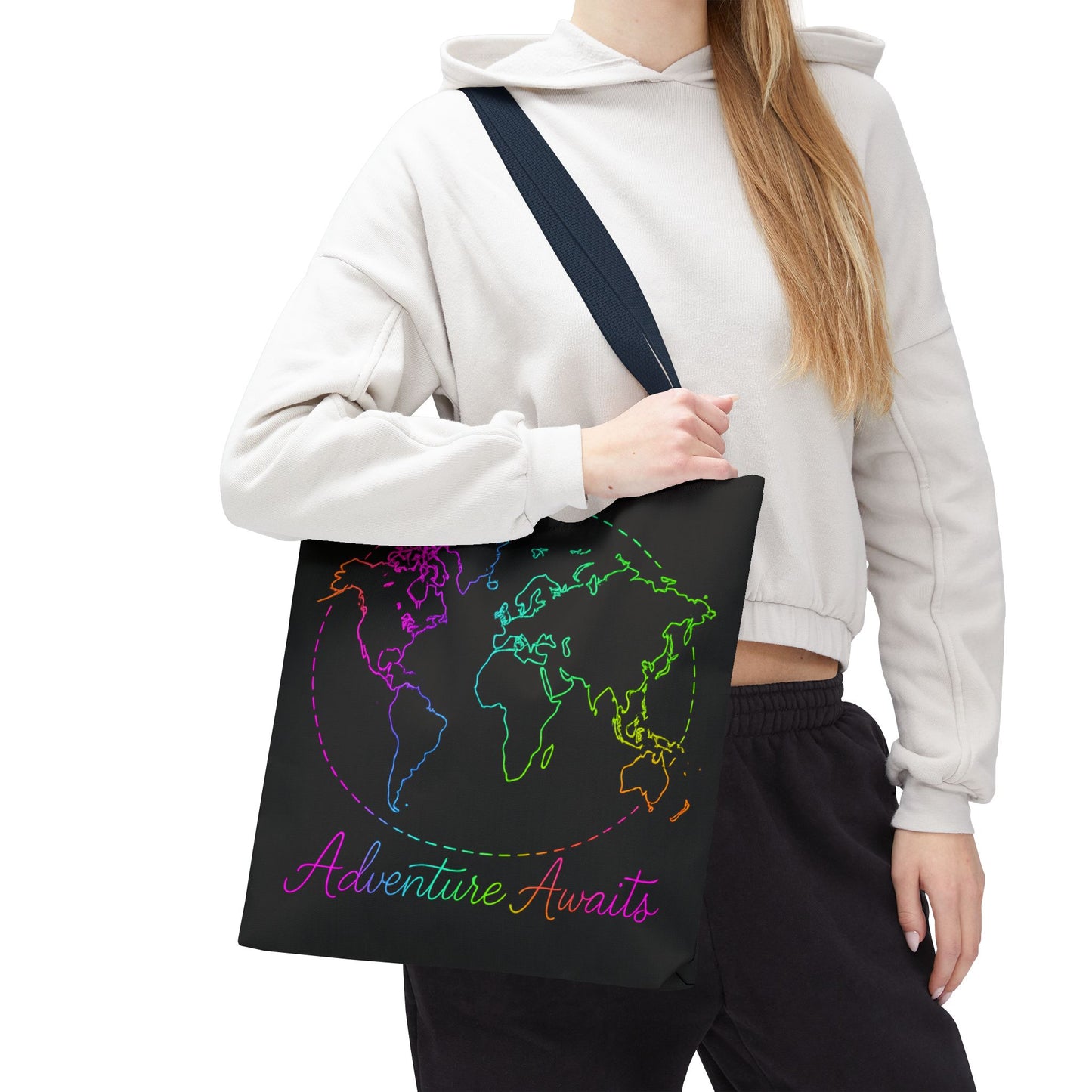 Adventure Awaits Neon Tote Bag - Y2K Rainbow World Map and Plane Travel Tote, Reusable Canvas Tote for Airport, Beach, Market + Gift