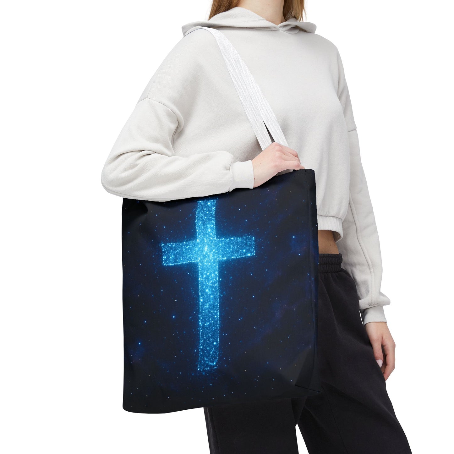 Sparkling Cross Tote Bag - Inspirational Blue Cosmic Bag Christian Tote Spiritual Bag Inspirational Tote Bag