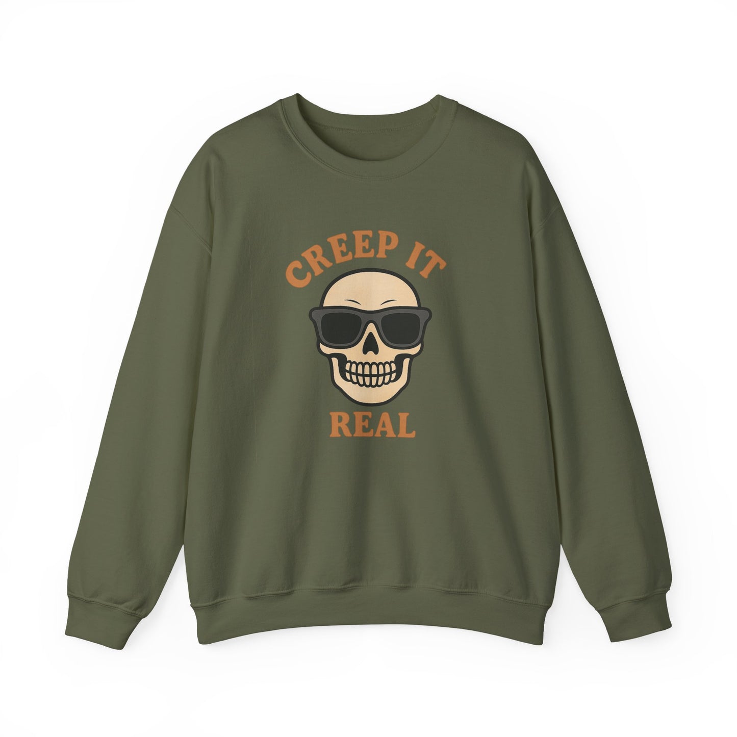 Creep It Real Skull Sweatshirt, Funny Halloween Skull Crewneck, Spooky Skeleton Pullover, Dark Graphic Sweatshirt, Unisex Halloween Gift