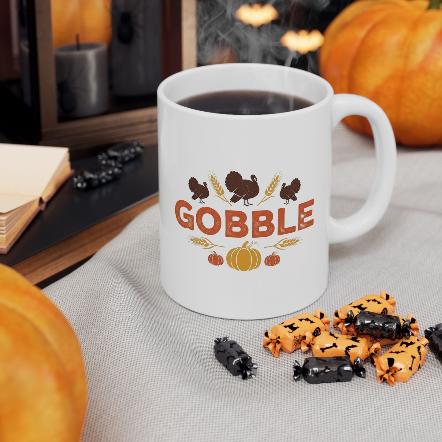 Gobble Thanksgiving Mug, Fall Turkey Coffee Cup With Pumpkins And Harvest Design, Festive Autumn Ceramic Mug For Holiday Decor And Gifts