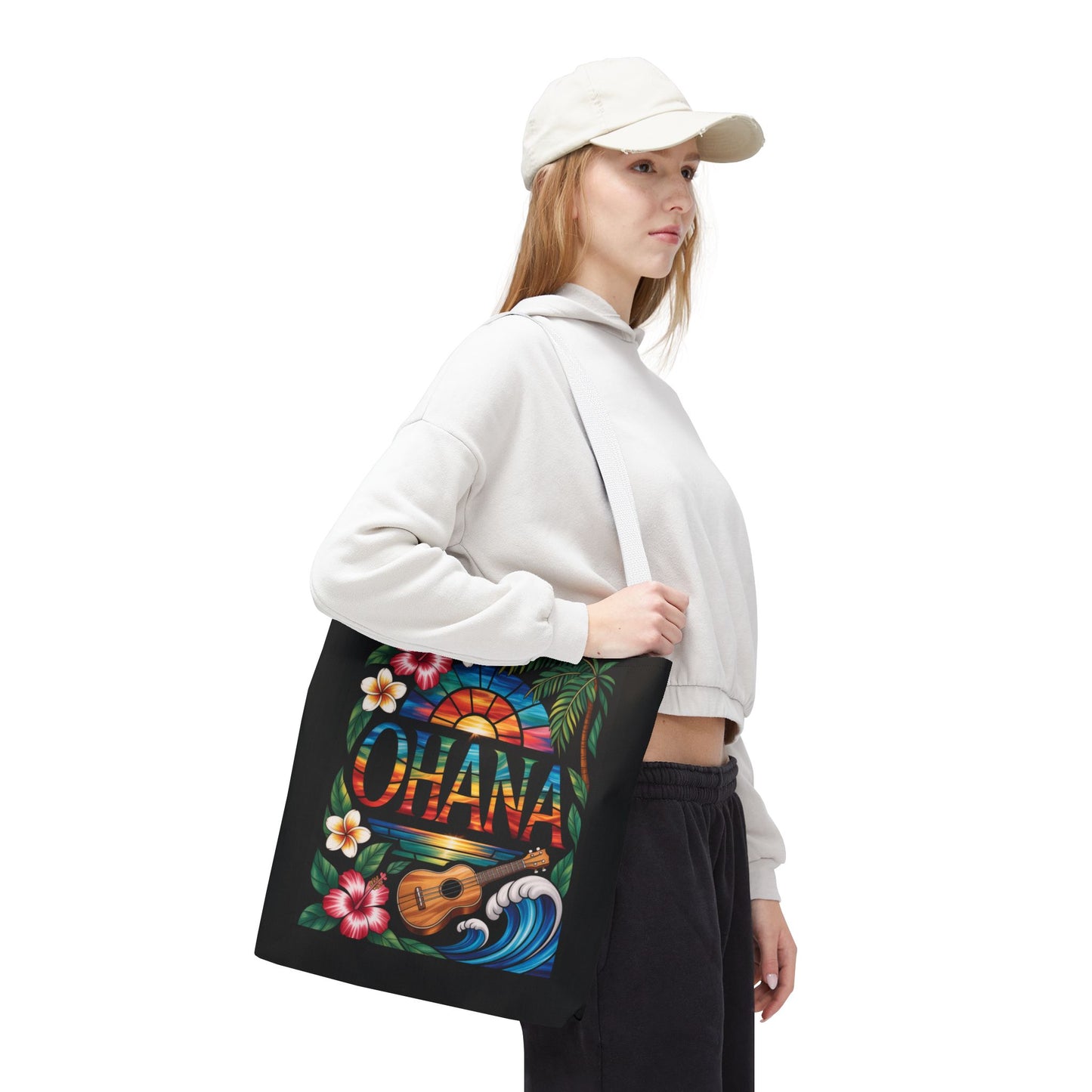 Ohana Tote Bag – Hawaiian Tropical Beach Bag with Ukulele, Sunset & Hibiscus Flowers, Island Gift for Women, Aloha Family Vibes