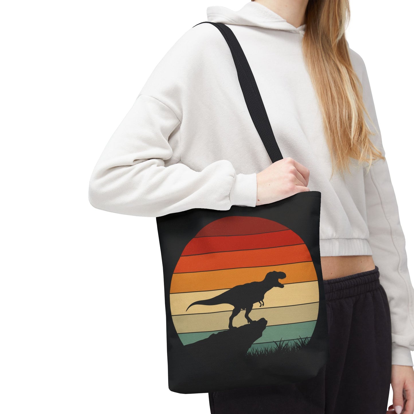 Retro Dinosaur Sunset Tote Bag | AOP Canvas Shopper - Eco Beach Bag for Dino Lovers and Kids, All-Over Print Summer Travel Gift
