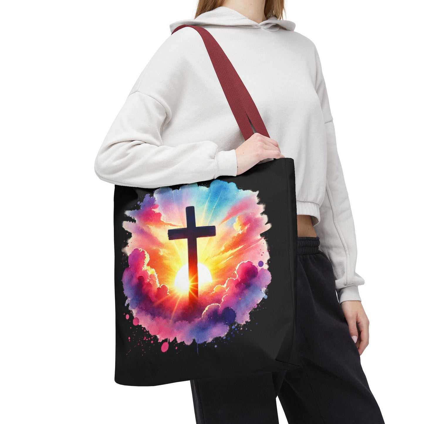 Inspirational Watercolor Sunrise Cross Tote Bag – Faith Art Canvas Tote, Christian Gift, Spiritual Aesthetic, Colorful Bible Verse Tote – Reusable Black Tote