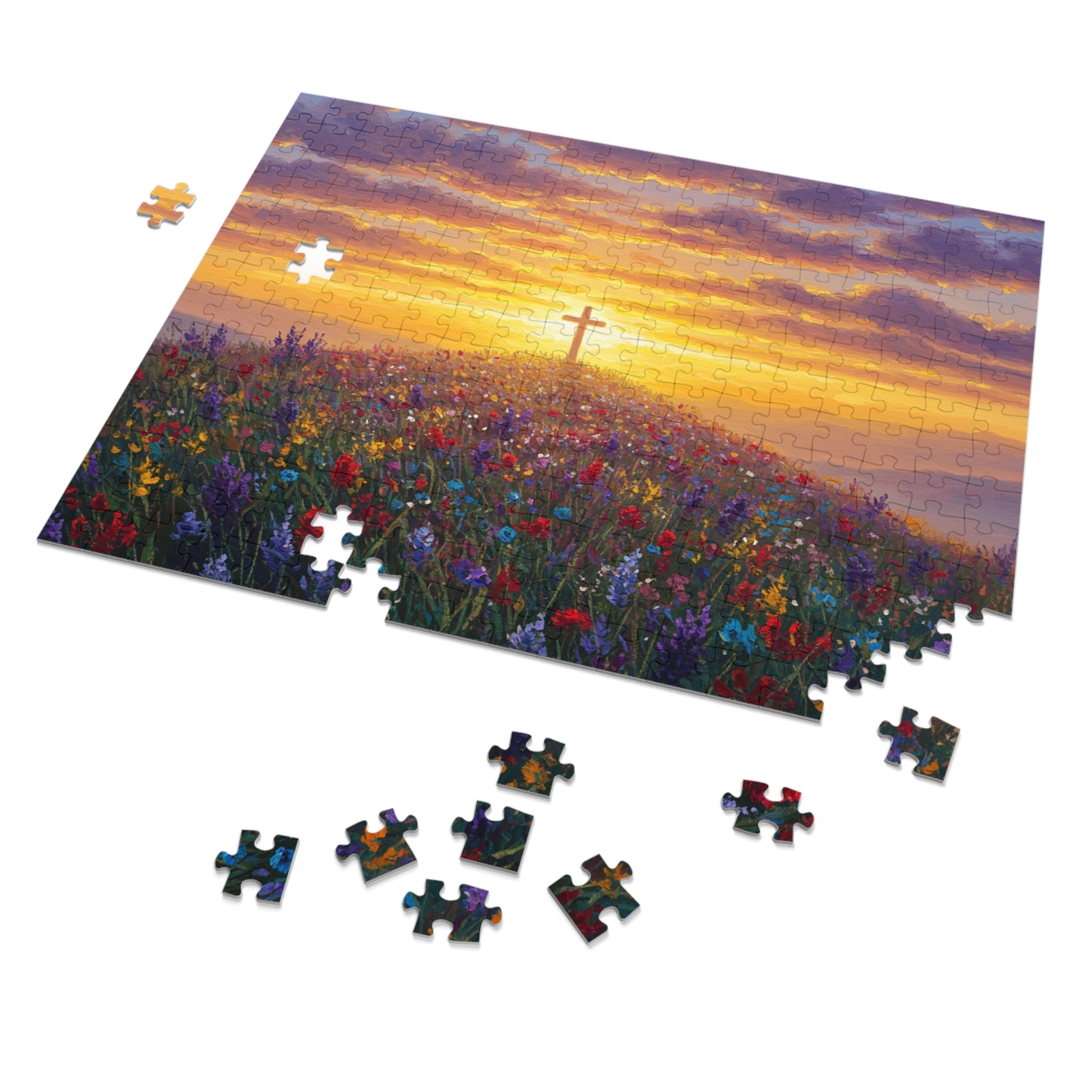 Jigsaw Puzzle: Cross on a Hill Monet Style Christian Game Cross Puzzle Inspirational Decor