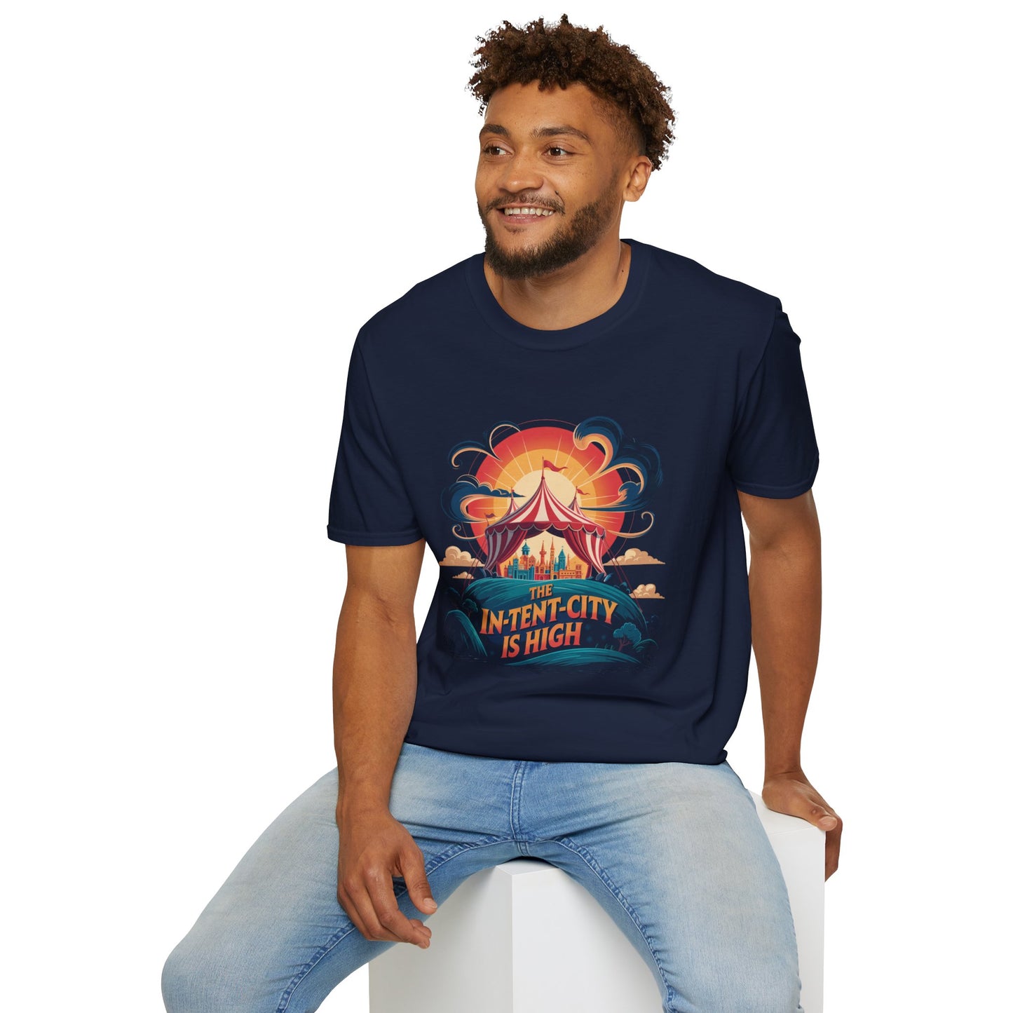 In-Tent-City Is High Retro Camp T-Shirt | Vintage Circus Tent + Cityscape Graphic | Funny Outdoors Urban Adventure Tee | Unisex Camper Shirt