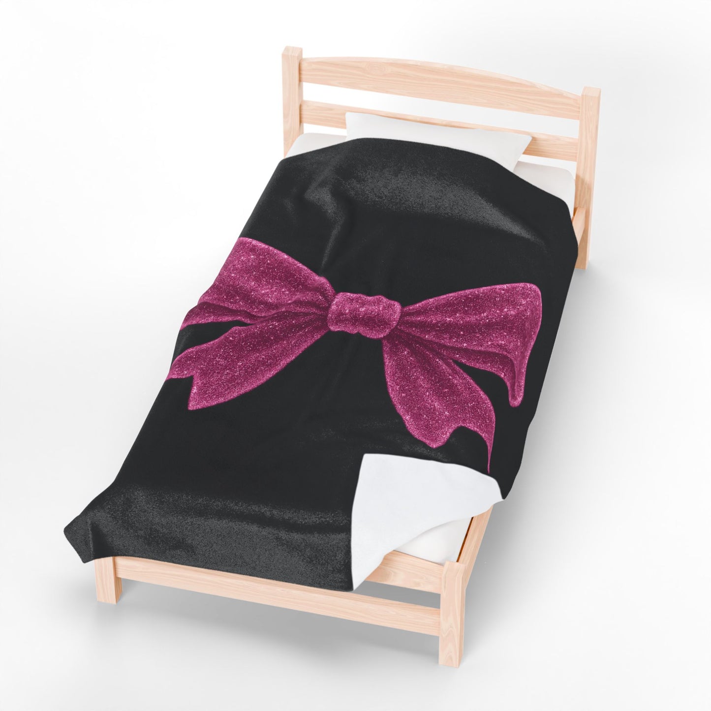 Black Throw Blanket with Glitter Pink Bow – Cozy Soft Bed Cover – Girly Glam Room Decor – Teen Girl Gift – Elegant Bedding Accent