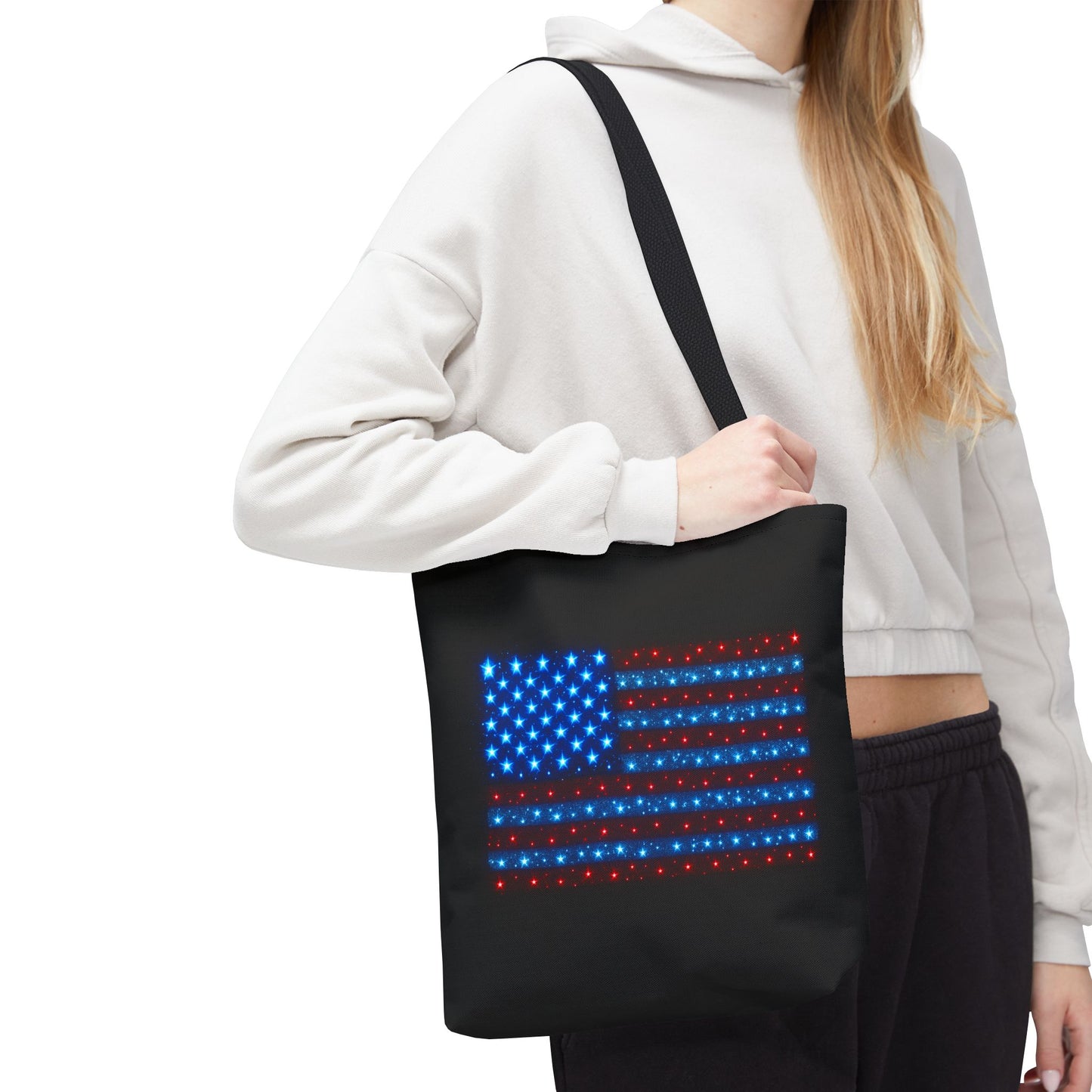 Galaxy Bioluminescent USA Flag Tote Bag - Patriotic Cosmic Canvas Shopper - Starry Red White Blue Tote Non-Glow - 4th July Gift