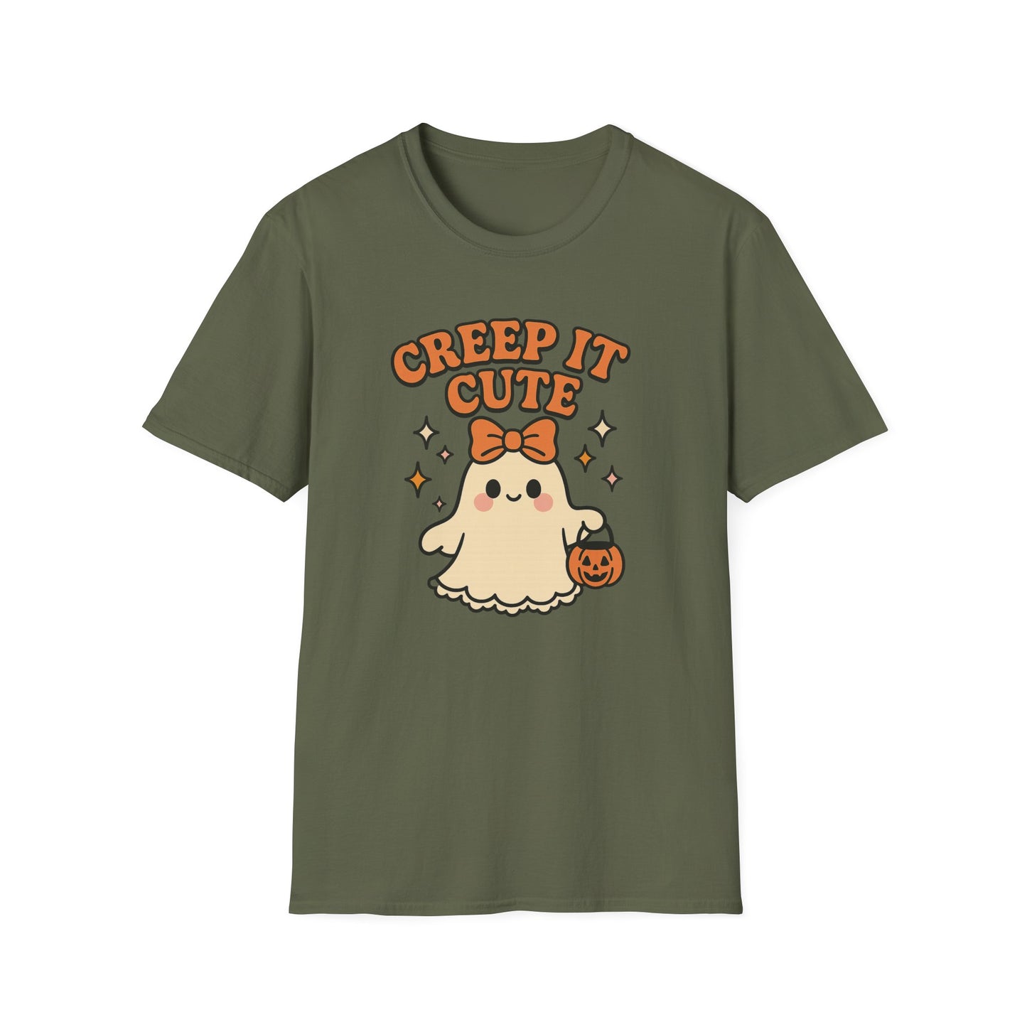 Creep It Cute Ghost Halloween Shirt - Kawaii Ghost Tee with Bow and Pumpkin, Spooky-Cute Fall Graphic T-Shirt, Spooky Season Halloween Top