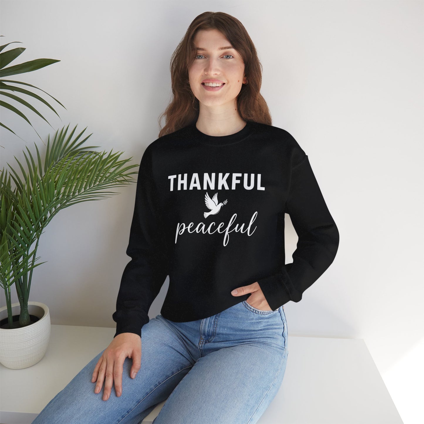 Thankful Peaceful Sweatshirt, Inspirational Quote Crewneck, Positive Message Sweater, Gratitude Gift, Cozy Faith Based Pullover