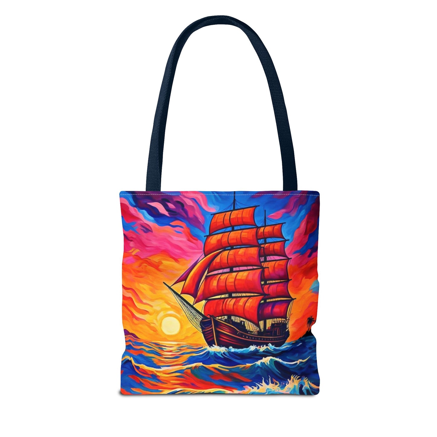 Crimson Voyage Tote Bag, Red Sailboat At Sunset Artistic Ocean Design, Nautical Reusable Tote For Beach, Travel, And Everyday Use