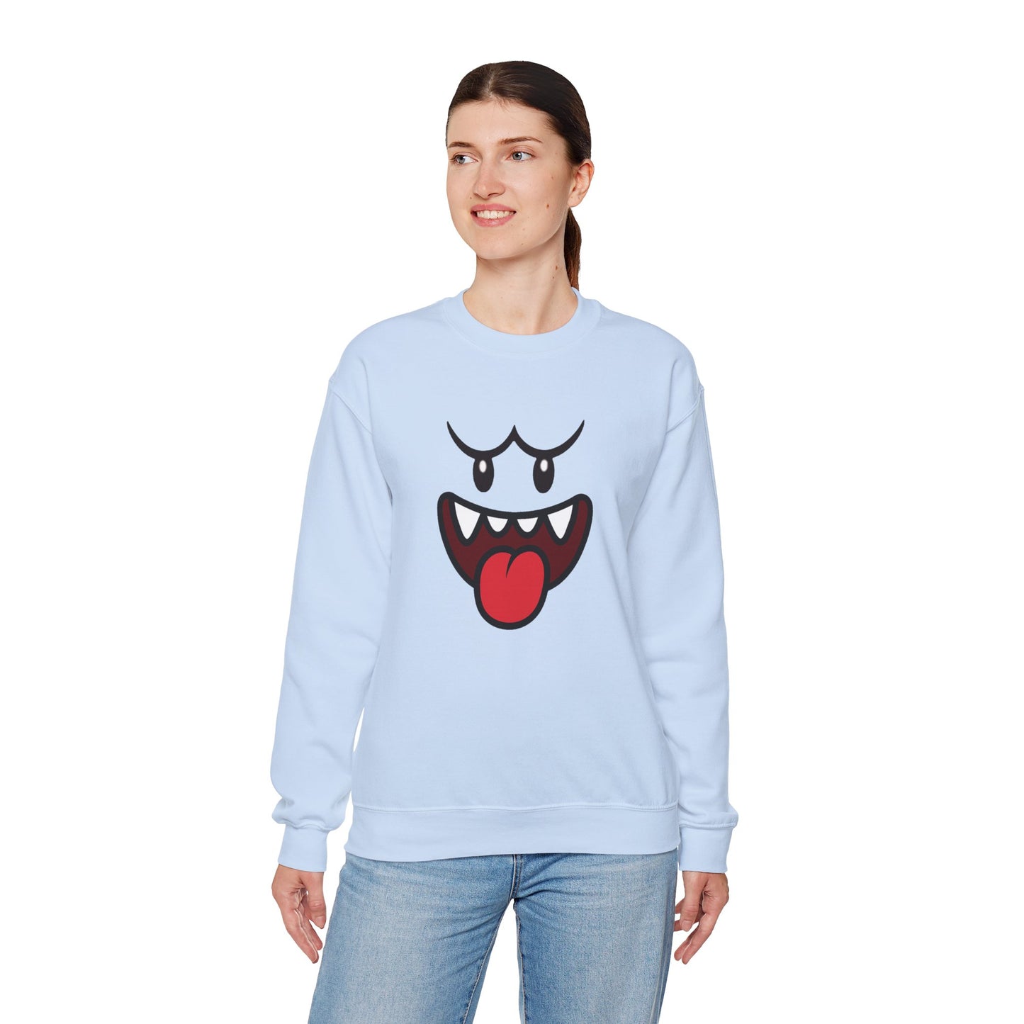 Spooky Grin Sweatshirt, Cartoon Ghost Face Crewneck, Halloween Grinning Ghost Sweatshirt, Cute Monster Smile Pullover, Spooky Season Graphic Sweat