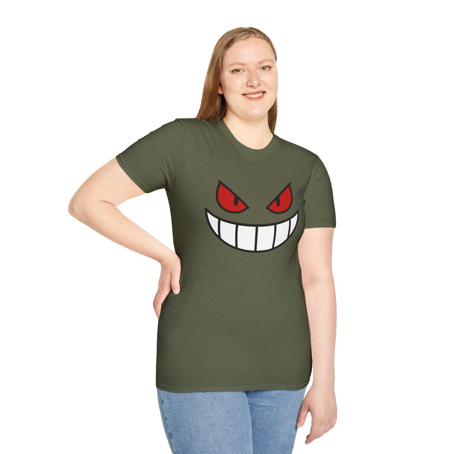 Spooky Grin Face T-Shirt - Creepy Ghost Smile Graphic Tee - Dark Humor Unisex Shirt - Anime Monster Style Funny Top