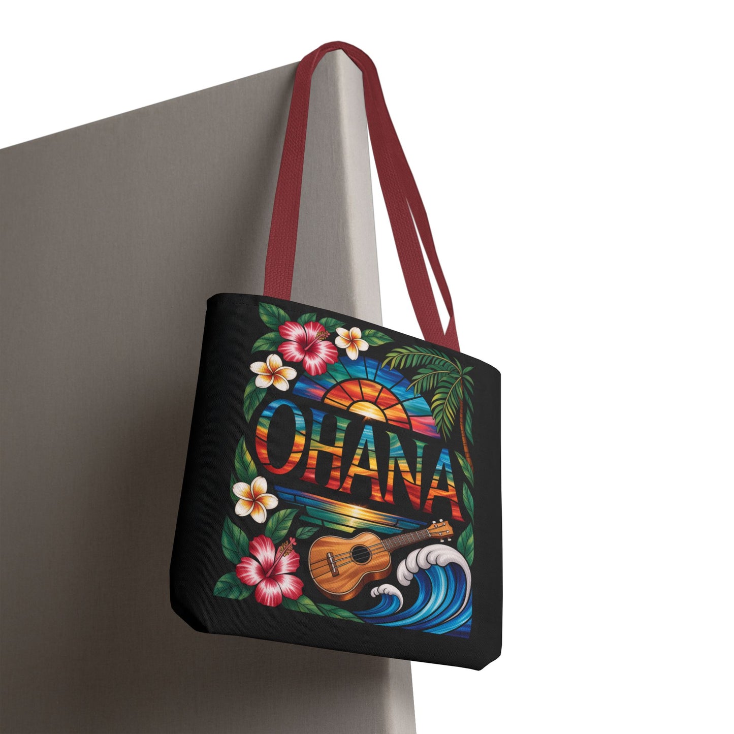 Ohana Tote Bag – Hawaiian Tropical Beach Bag with Ukulele, Sunset & Hibiscus Flowers, Island Gift for Women, Aloha Family Vibes