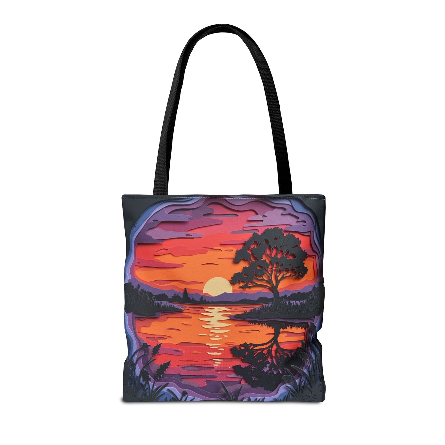 Sunset Landscape Canvas Tote Bag – Paper‑Art Inspired Nature Scene Tote – Colorful Sunset Market Tote, Eco Reusable Beach Bag, Vibrant Gift for Her