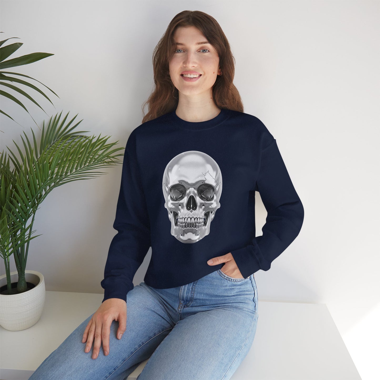 Silver Skull Sweatshirt, Gothic Skull Crewneck, Retro Skull Sweatshirt, Vintage Skull Graphic, Halloween Rock Pullover