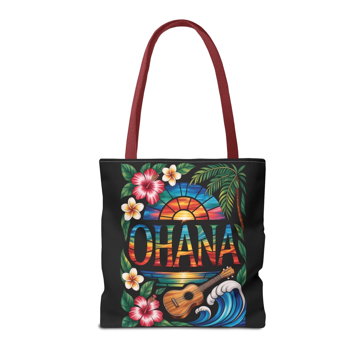 Ohana Tote Bag – Hawaiian Tropical Beach Bag with Ukulele, Sunset & Hibiscus Flowers, Island Gift for Women, Aloha Family Vibes