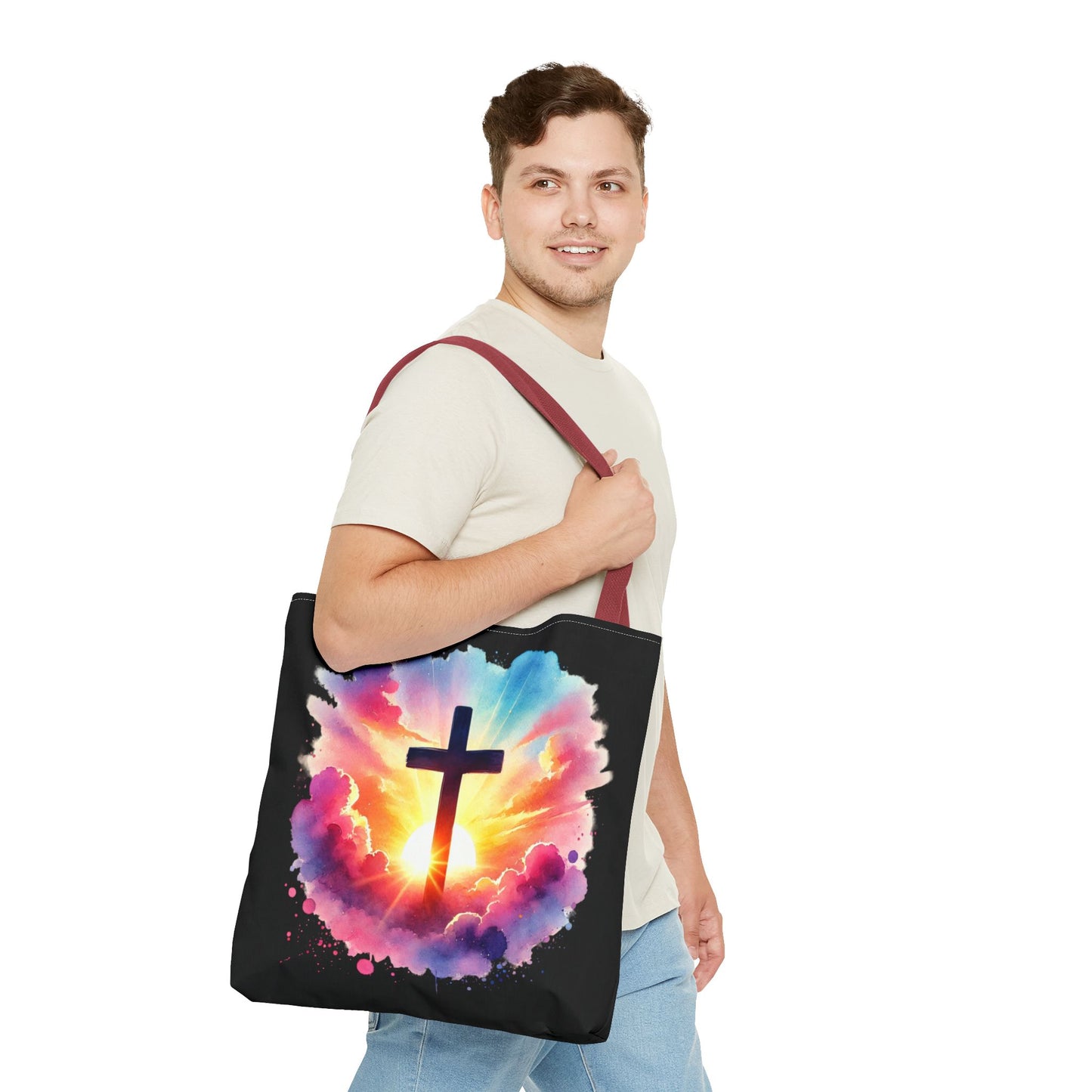 Inspirational Watercolor Sunrise Cross Tote Bag – Faith Art Canvas Tote, Christian Gift, Spiritual Aesthetic, Colorful Bible Verse Tote – Reusable Black Tote
