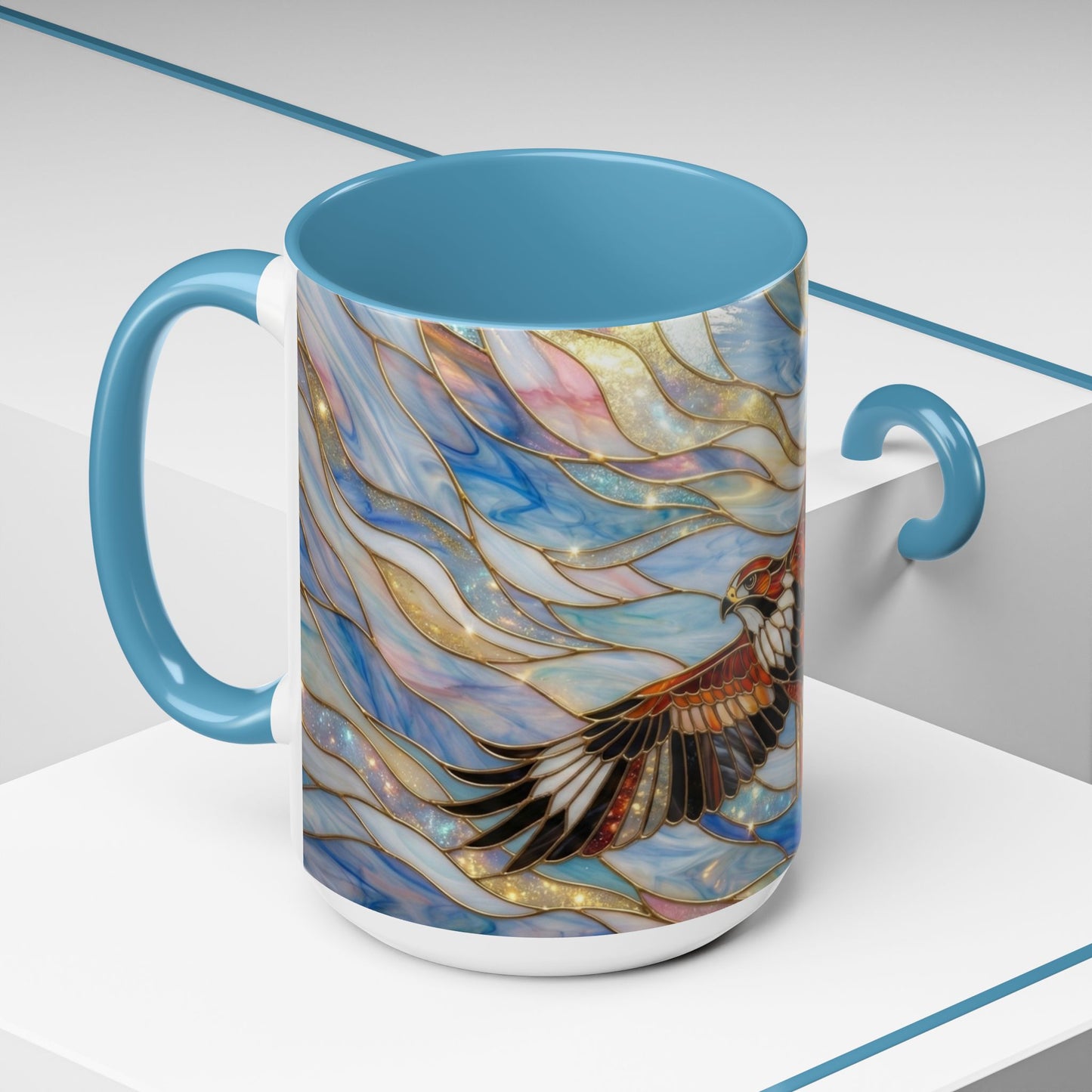 Hawk Coffee Mug, Stained Glass Hawk Mug, Bird of Prey Art Mug, Nature Lover Gift, Unique Ceramic Coffee Cup, 11oz 15oz Wildlife Mug