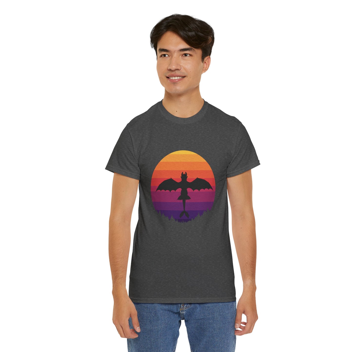 Night Dragon Sunset T-Shirt | Retro Dragon Silhouette Tee | Fantasy Dragon Shirt | Unisex Graphic Tee | Gift for Dragon Lovers