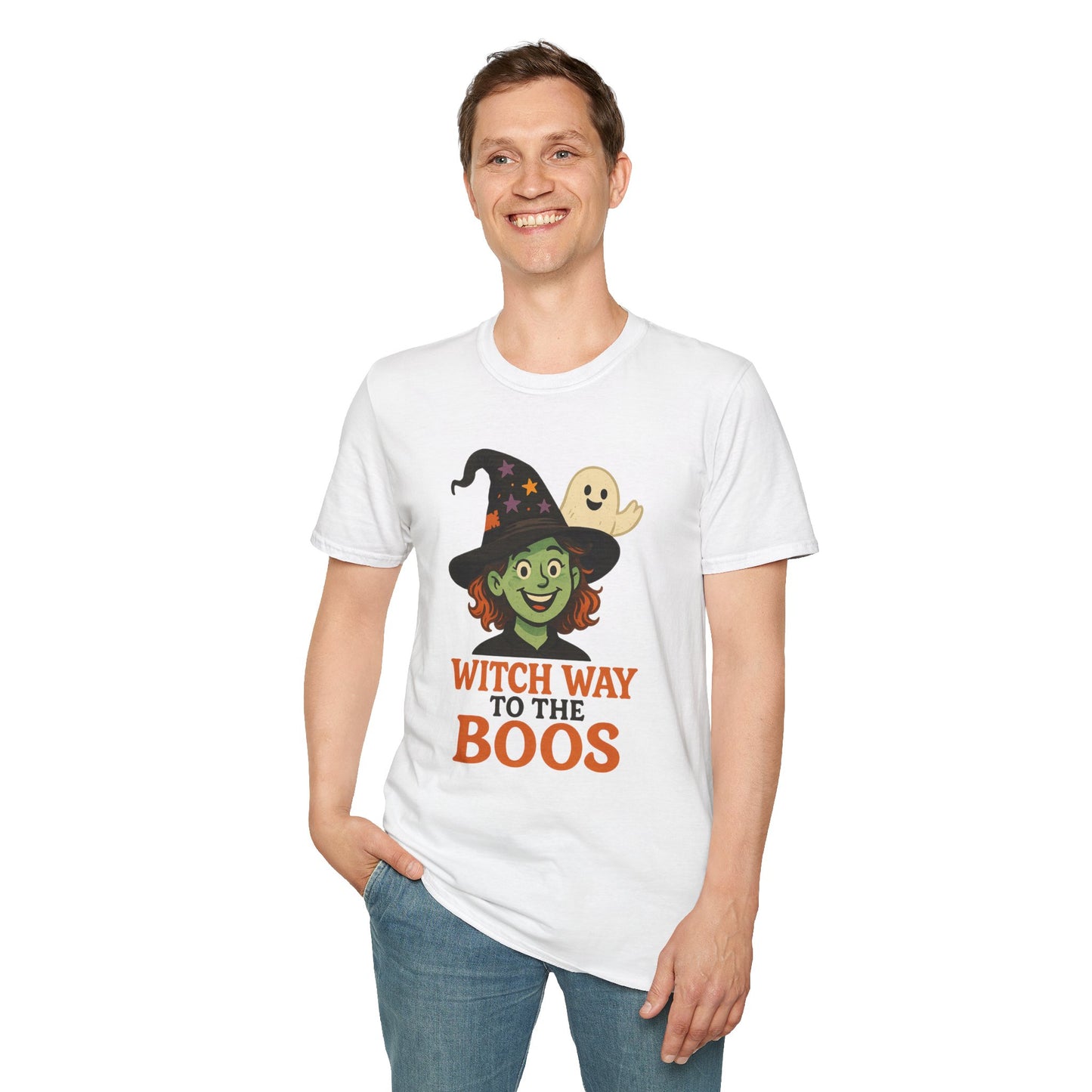 Witch Way to the Boos Halloween Shirt | Cute Witch and Ghost T-Shirt | Spooky Season Graphic Tee | Funny Halloween Costume Top