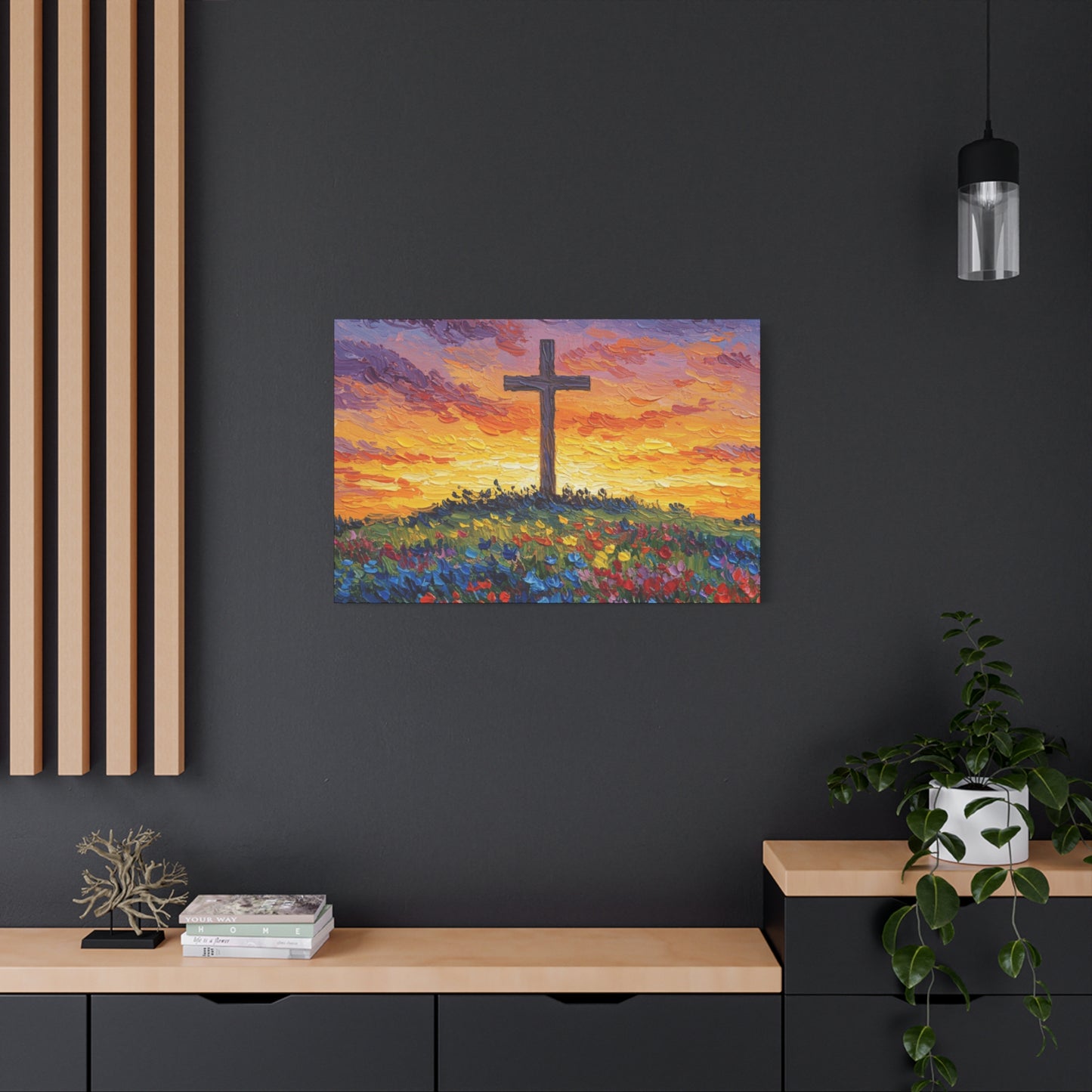 Van Gogh Inspired Inspirational Stretched Canvas Art - Sunset Cross Landscape