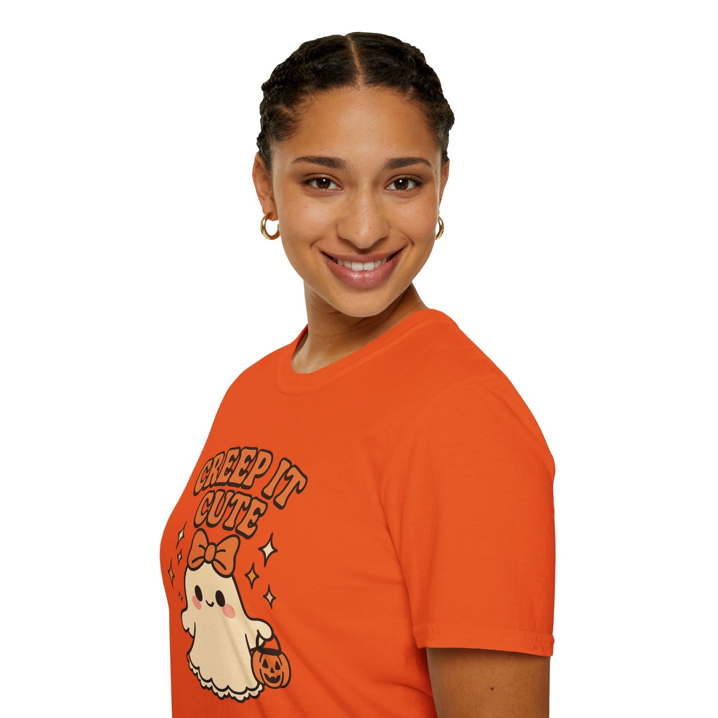 Creep It Cute Ghost Halloween Shirt - Kawaii Ghost Tee with Bow and Pumpkin, Spooky-Cute Fall Graphic T-Shirt, Spooky Season Halloween Top