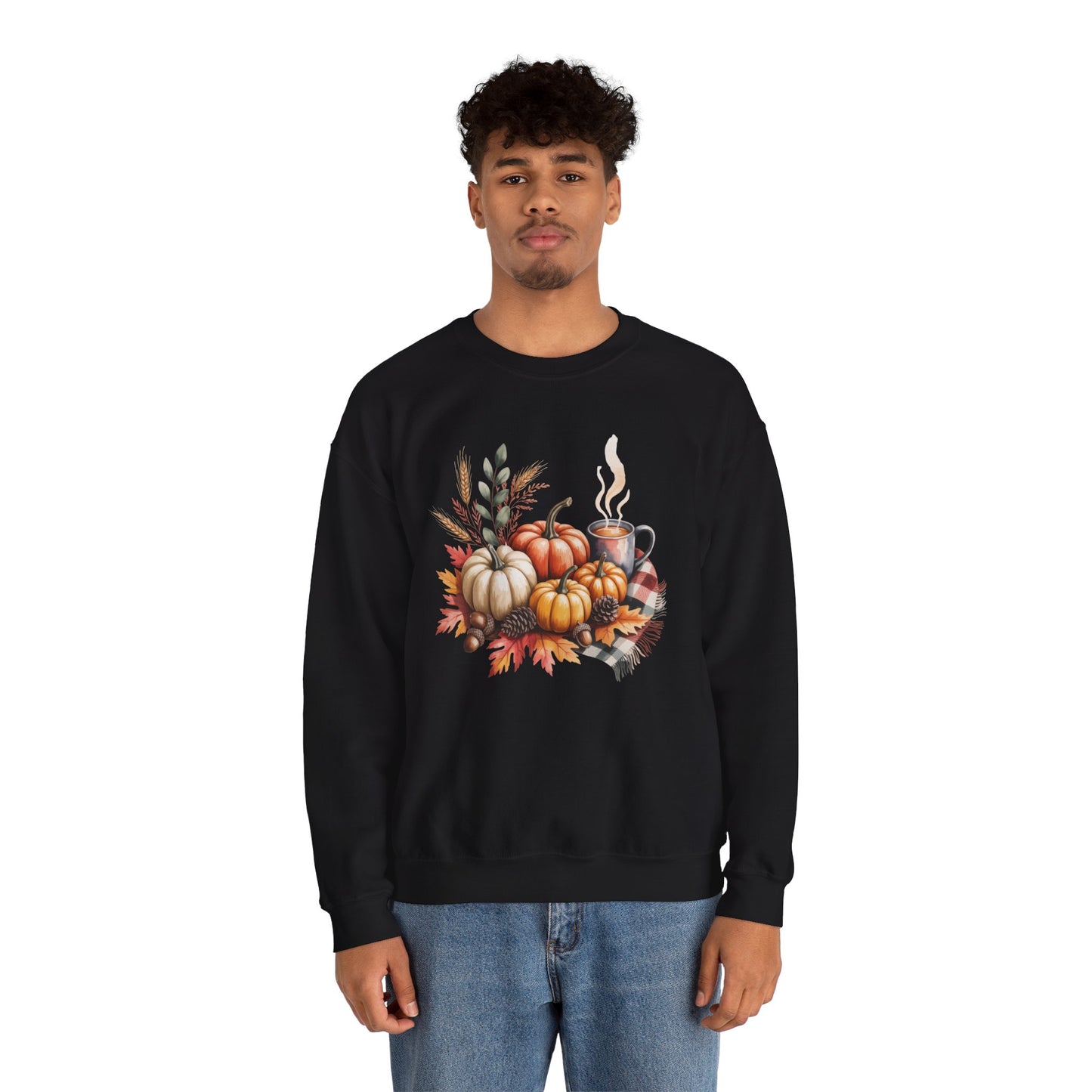 Fall Pumpkin Sweatshirt, Cozy Autumn Crewneck, Thanksgiving Sweater With Pumpkins And Coffee, Fall Leaves Pullover, Seasonal Gift