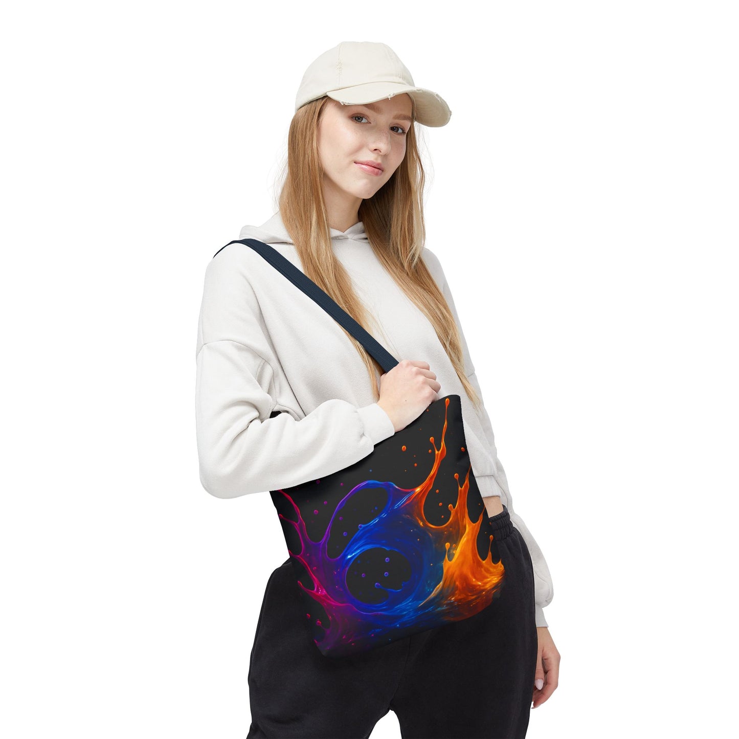 Elemental Fusion Tote Bag, Fire And Water Abstract Art Design, Vibrant Blue And Orange Splash Reusable Tote For Artists, Travel, And Everyday Use