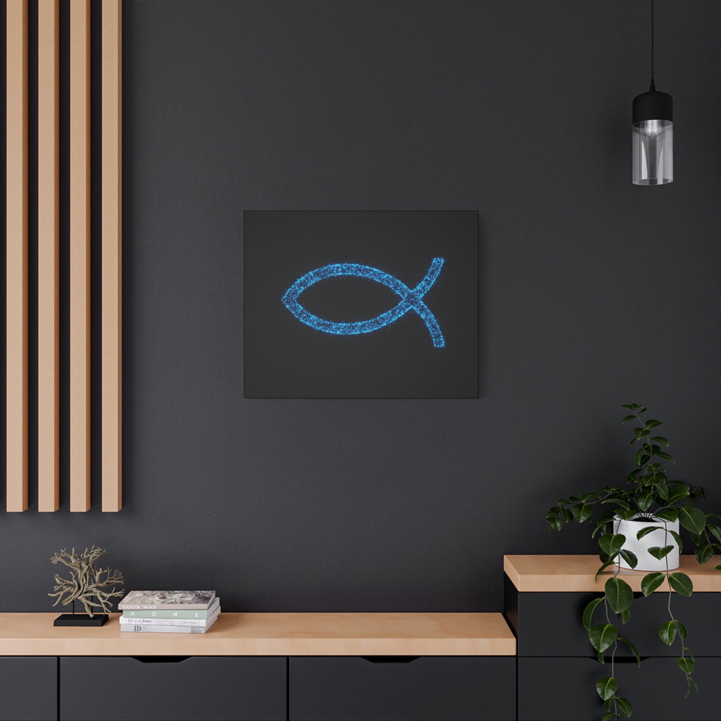Blue Glitter Fish Symbol Matte Canvas Wall Art