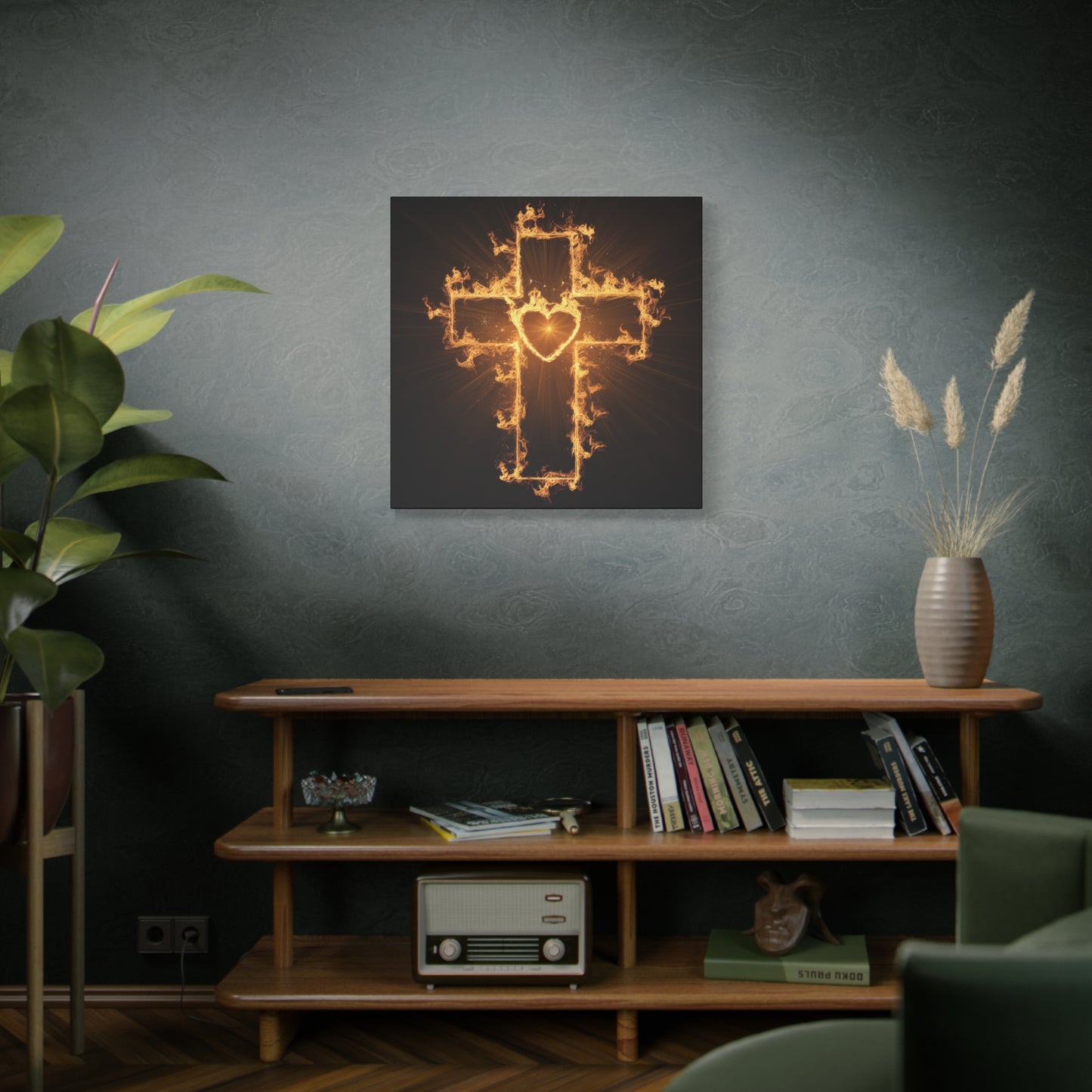 Flaming Heart and Cross Christian Wall Art Canvas