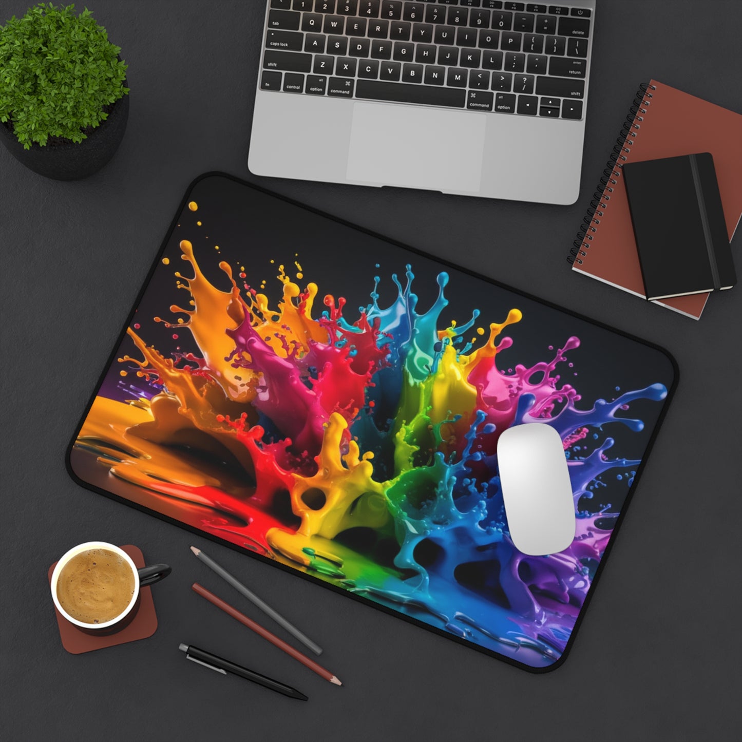 Color Splash Desk Mat – Vibrant Rainbow Paint Splash Mouse Pad, Large Non-Slip Gaming Mat, Artistic Desk Pad, Creative Office Decor