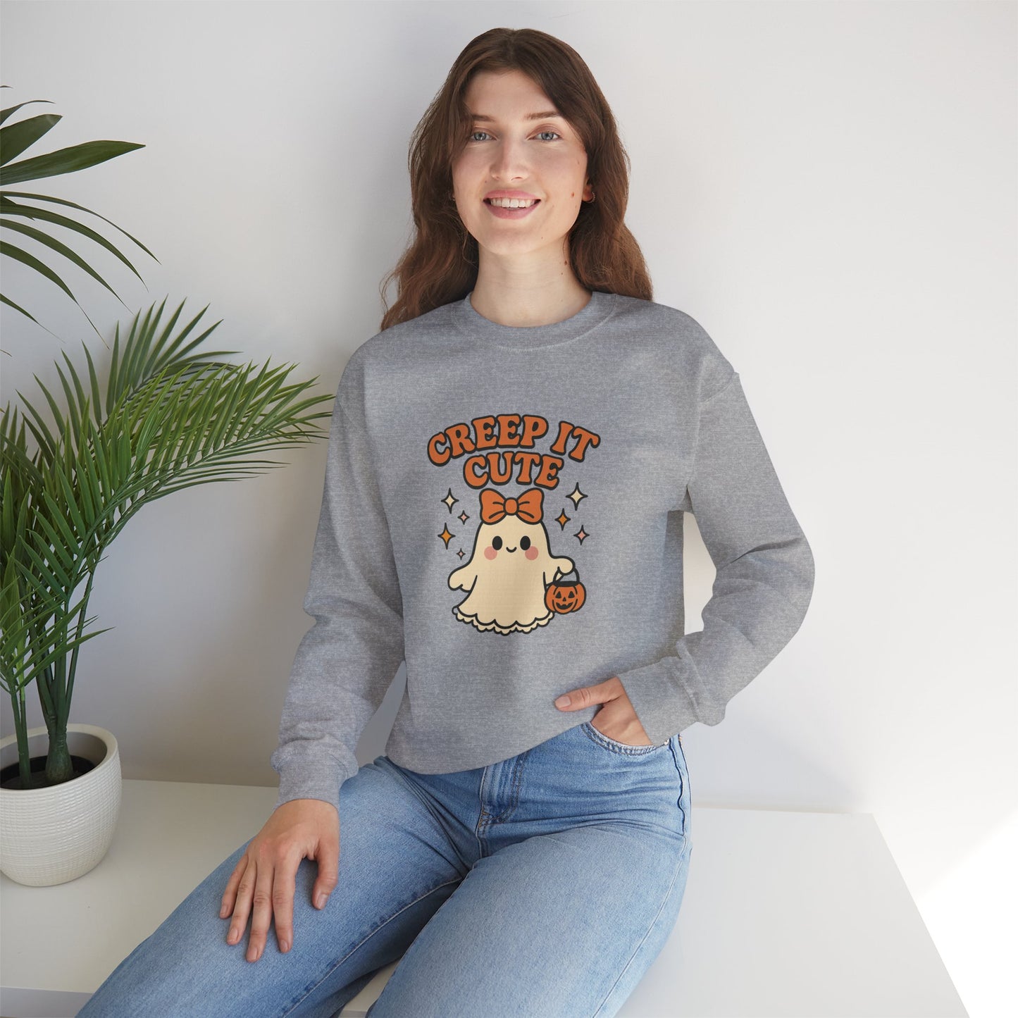 Cute Ghost Sweatshirt, Creep It Cute Crewneck, Spooky Halloween Pullover, Sweet Ghost Graphic Sweatshirt, Trick-Or-Treat Gift Top