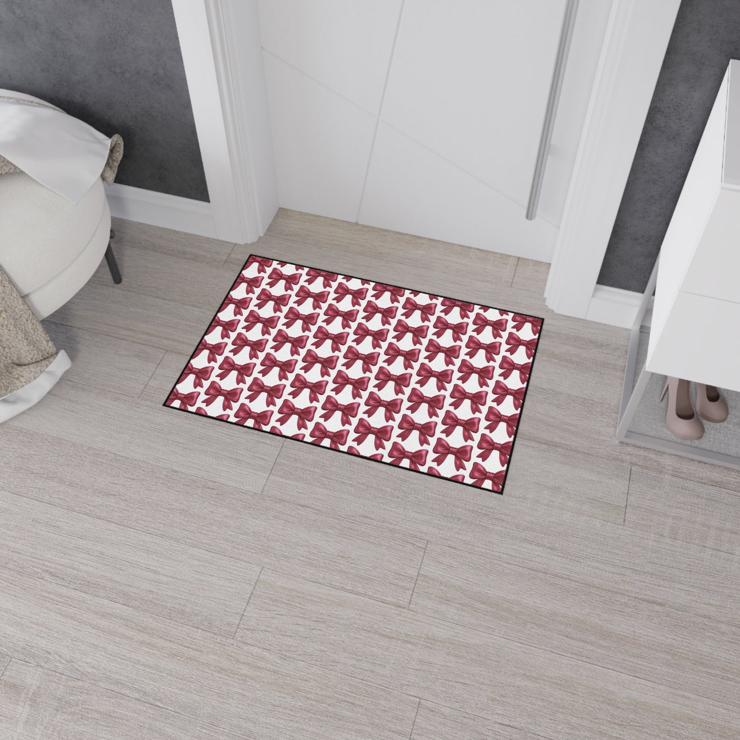 Pink Bow Doormat Cute Glam Entry Rug, Decorative Floor Mat with Repeating Bow Pattern, Girly Room or Holiday Decor