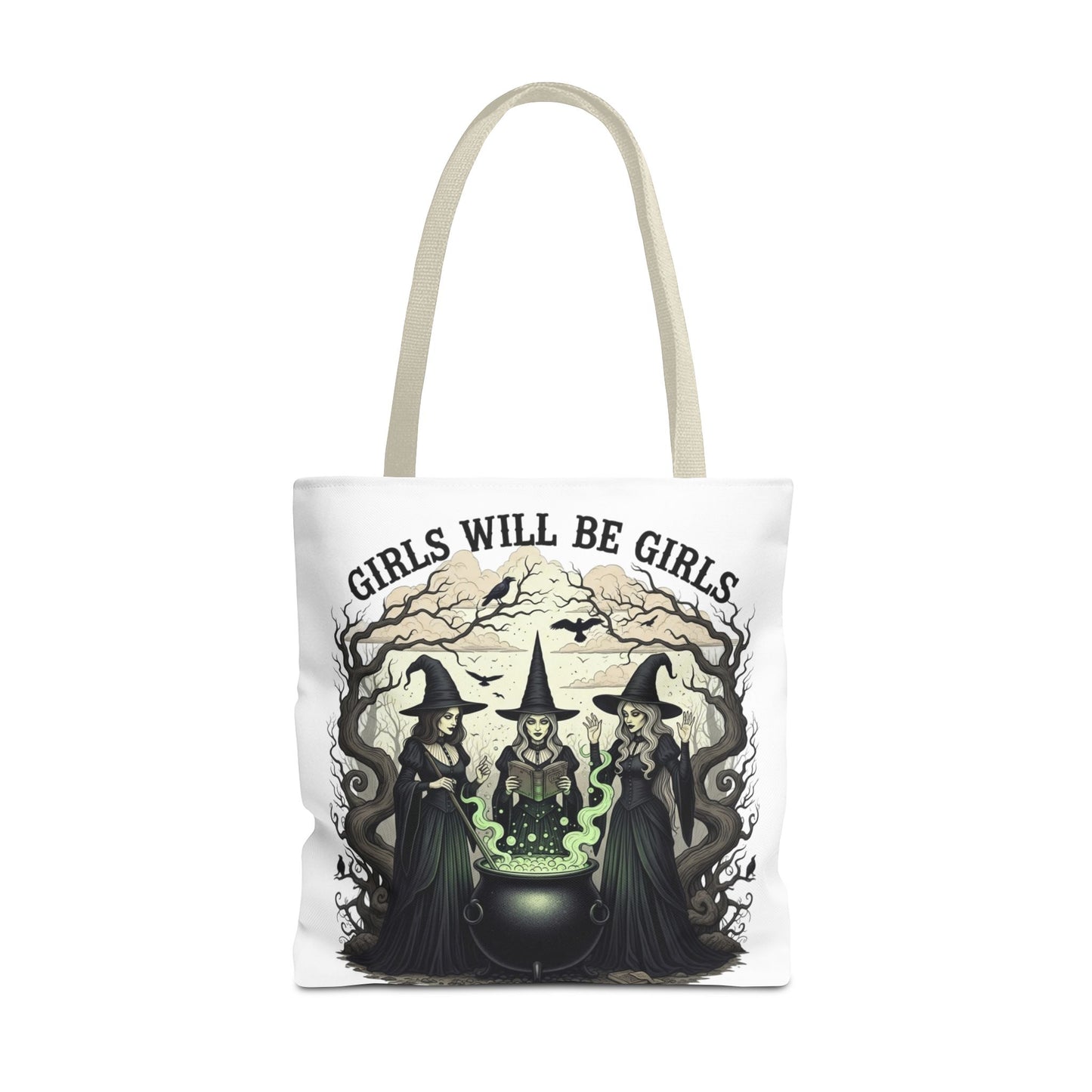 Girls Will Be Girls Halloween Tote Bag, Witchy Aesthetic Bag, Gothic Witches Cauldron Art, Spooky Gift, Reusable Eco Tote For Halloween Lovers