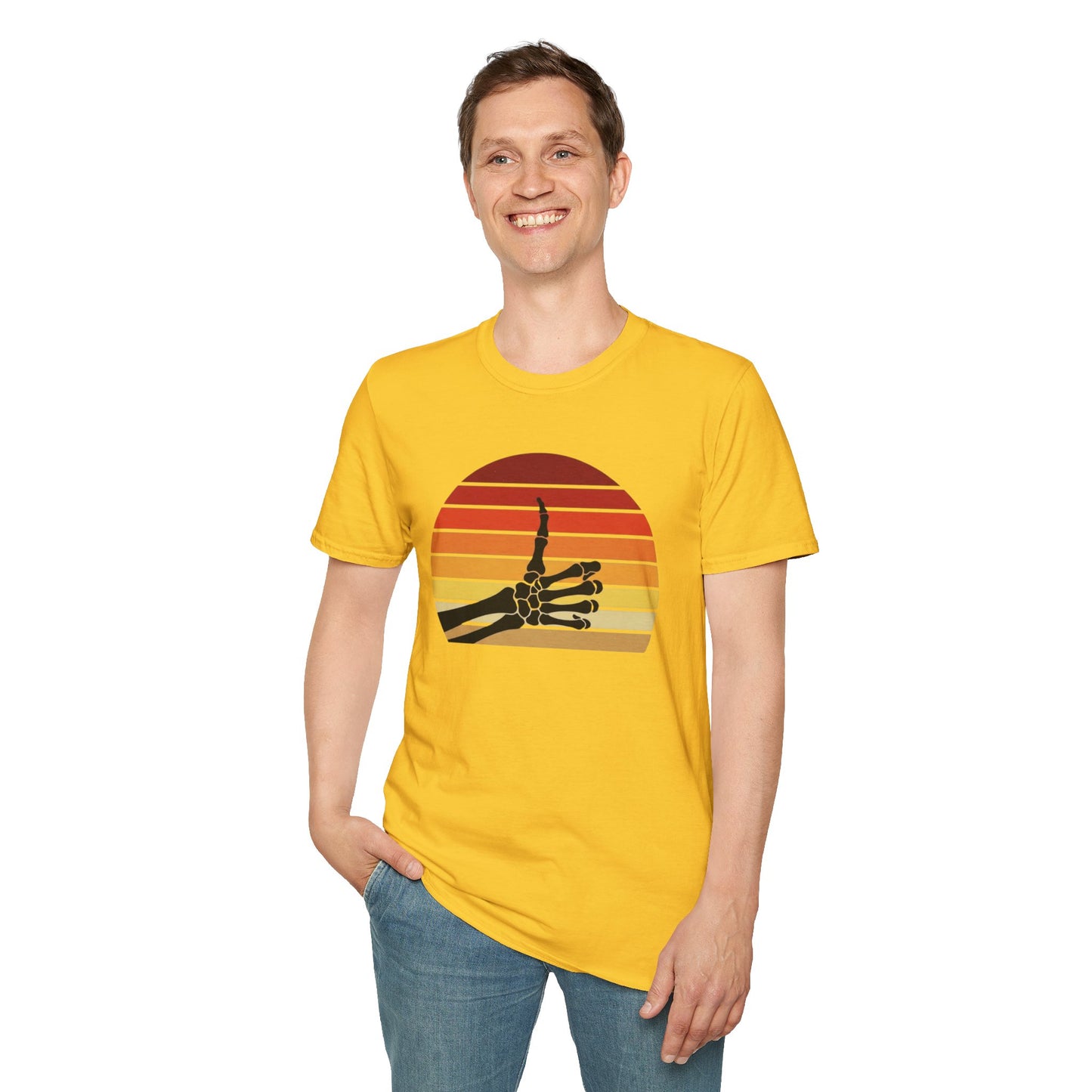 Skeleton Hand Rock On Shirt - Retro Sunset Halloween T-Shirt, Spooky Skeleton Finger Tee, Vintage 70s Style Goth Shirt, Unisex Sizes