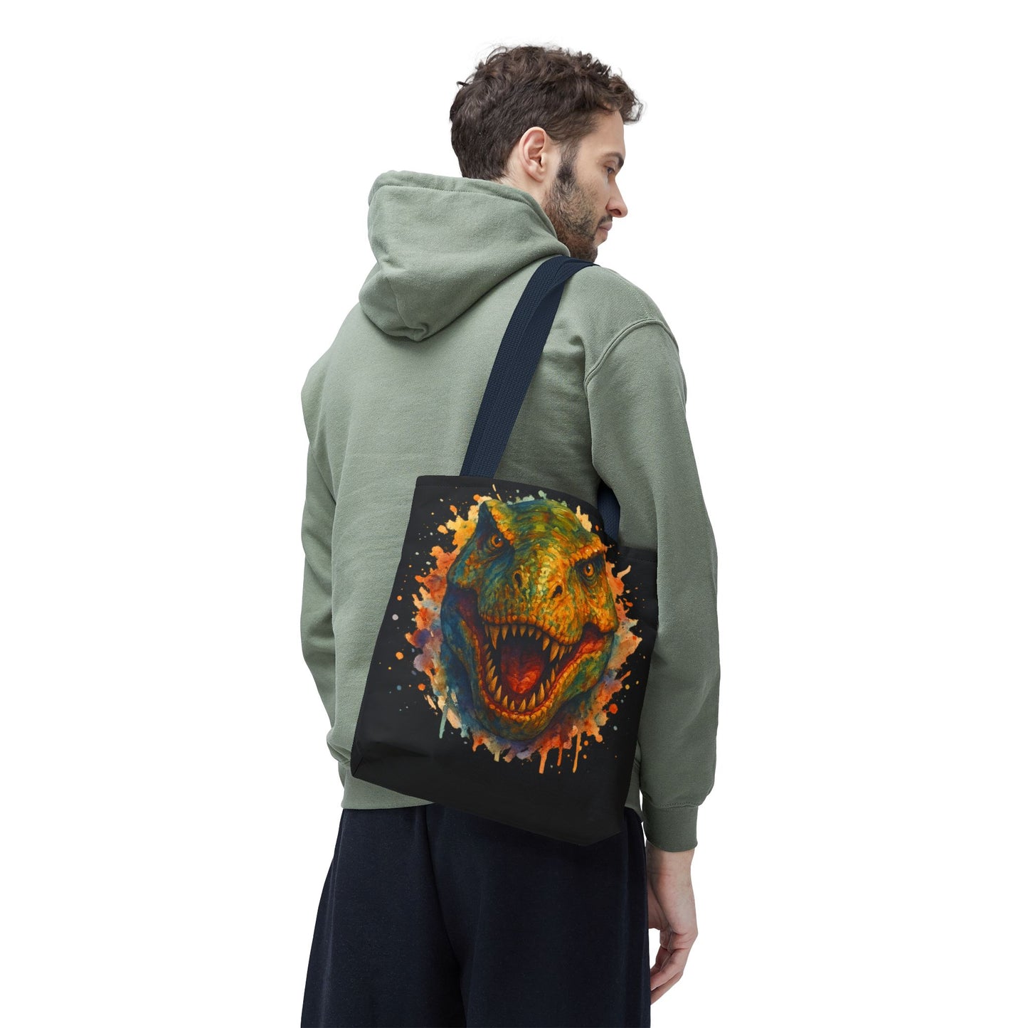 T-Rex Watercolor Tote Bag - 100% Polyester Canvas, Vibrant Dinosaur Art Bag, Reusable Beach-Market Tote, Dino Lover Gift, Bold Style