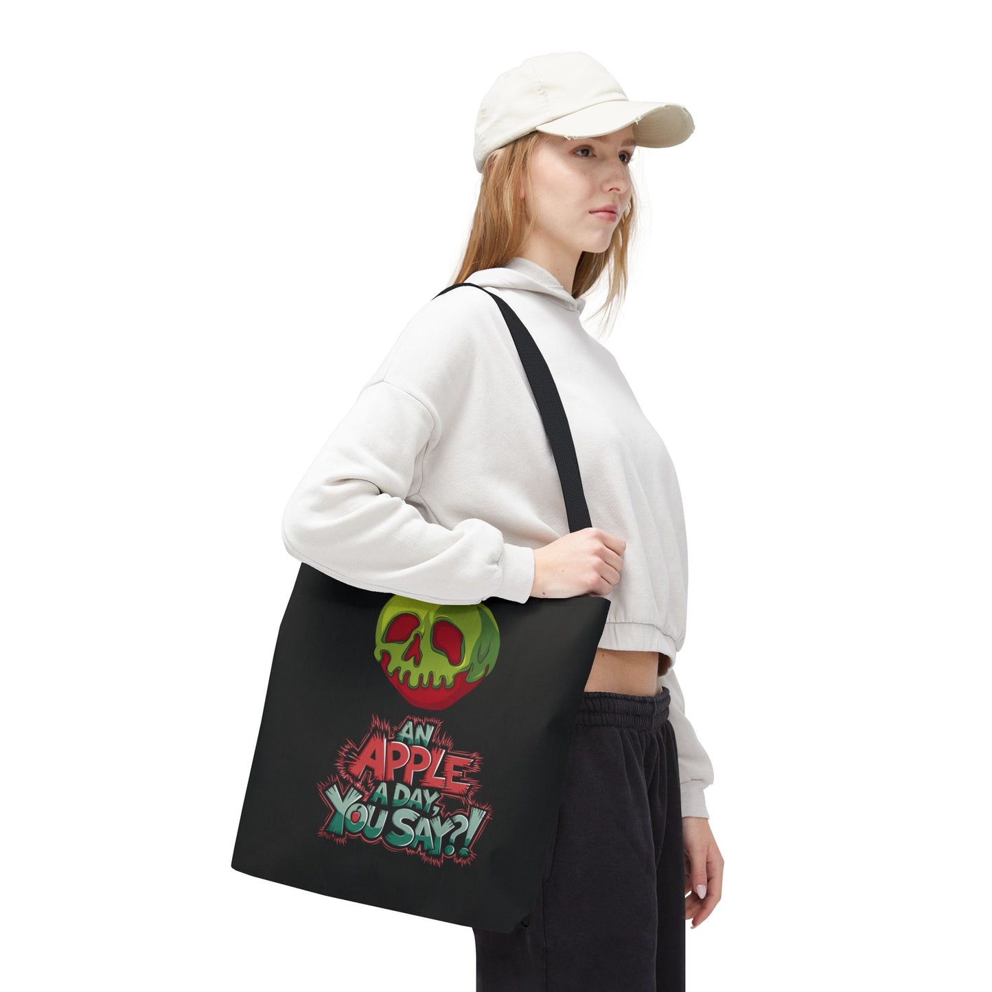 Spooky Halloween Tote Bag – Poison Apple Design – Funny Gothic Tote – Trick or Treat Bag – Creepy Apple Pun Gift – Black Tote Bag