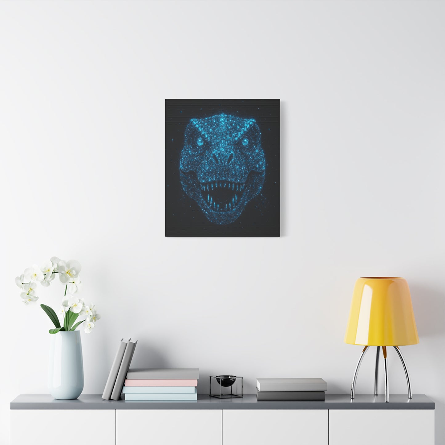 T-Rex Canvas Art - Blue Bioluminescent Particles Dinosaur Wall Decor, Modern Sci-Fi Bedroom Print, Kids and Adult Room Art Gift