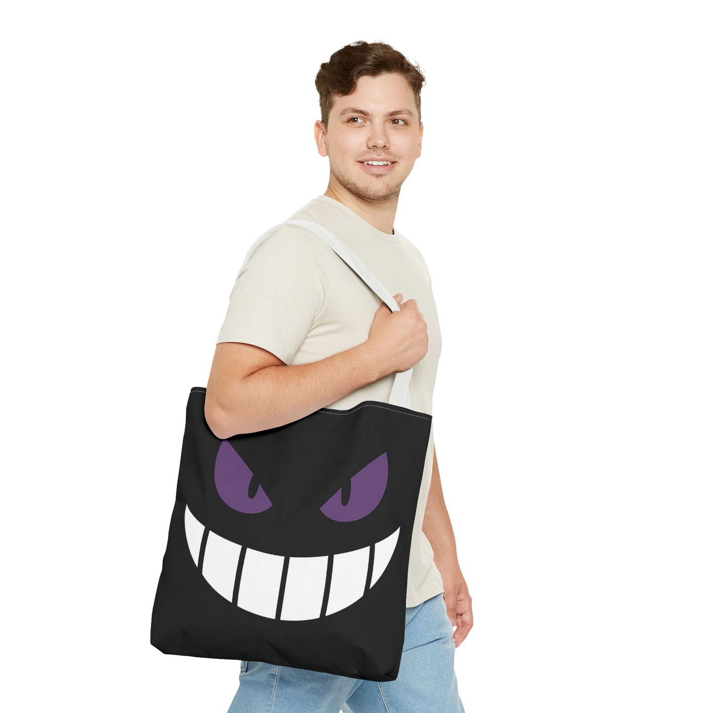 Evil Grin Tote Bag, Spooky Purple Eyes Reusable Shopping Bag, Creepy Cute Halloween Tote, Gothic Horror Canvas Bag, Gamer Room Accessory