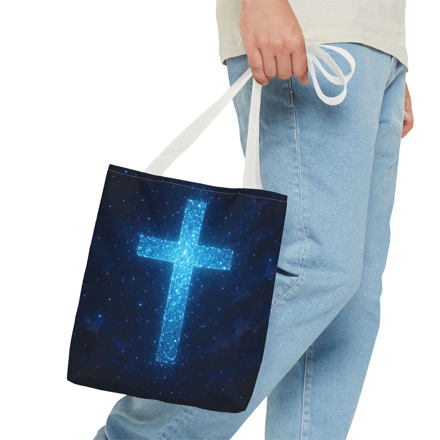 Sparkling Cross Tote Bag - Inspirational Blue Cosmic Bag Christian Tote Spiritual Bag Inspirational Tote Bag