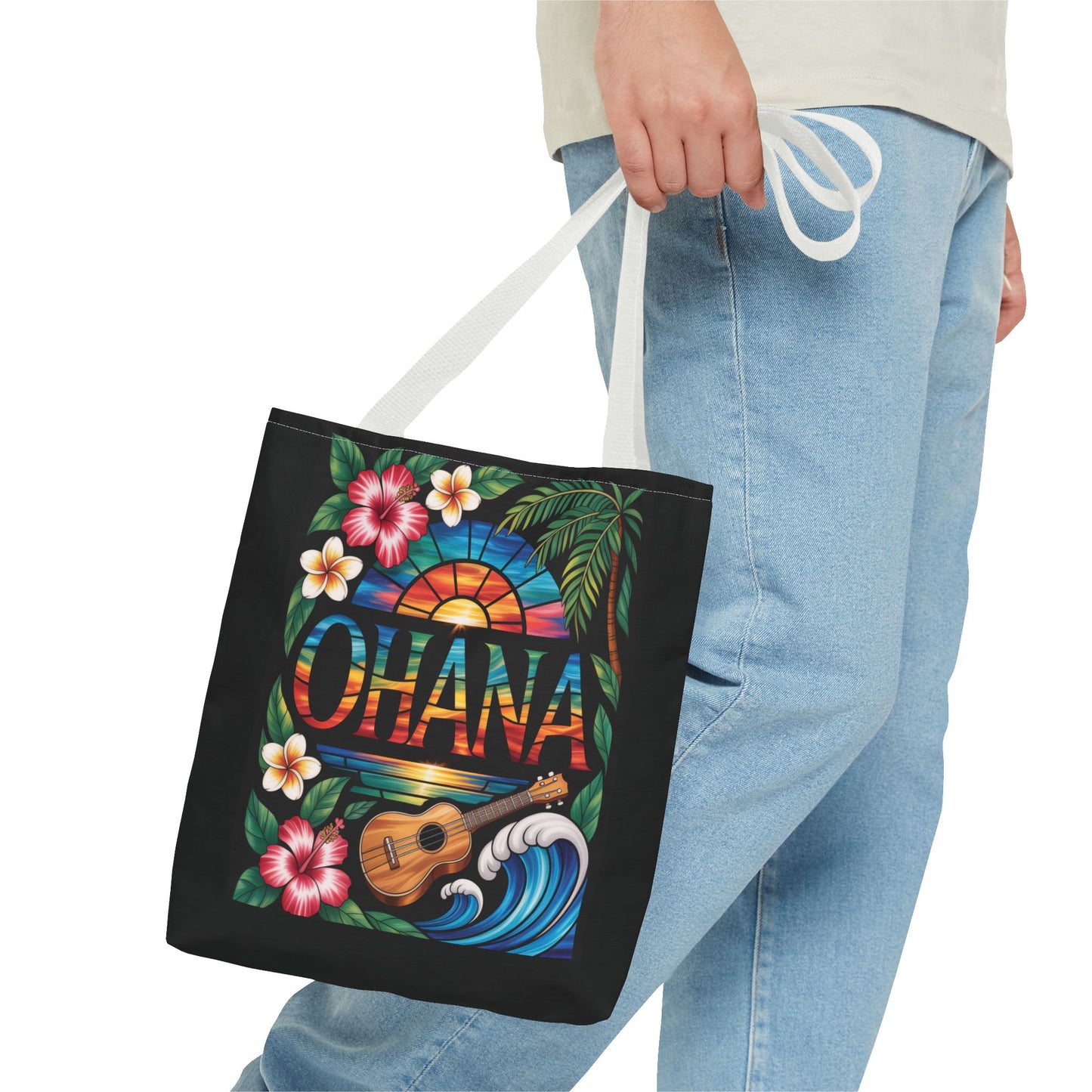 Ohana Tote Bag – Hawaiian Tropical Beach Bag with Ukulele, Sunset & Hibiscus Flowers, Island Gift for Women, Aloha Family Vibes