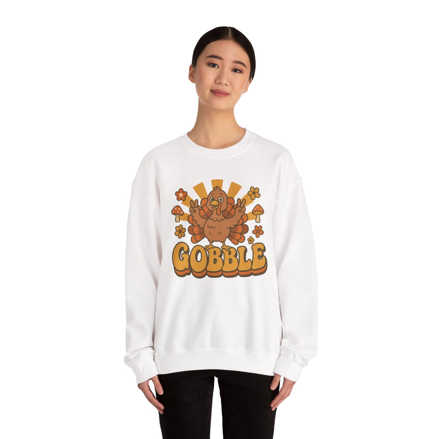 Gobble Turkey Sweatshirt, Retro Fall Turkey Crewneck, Thanksgiving Graphic Pullover, Autumn Mushroom & Flower Design, Cozy Fall Top