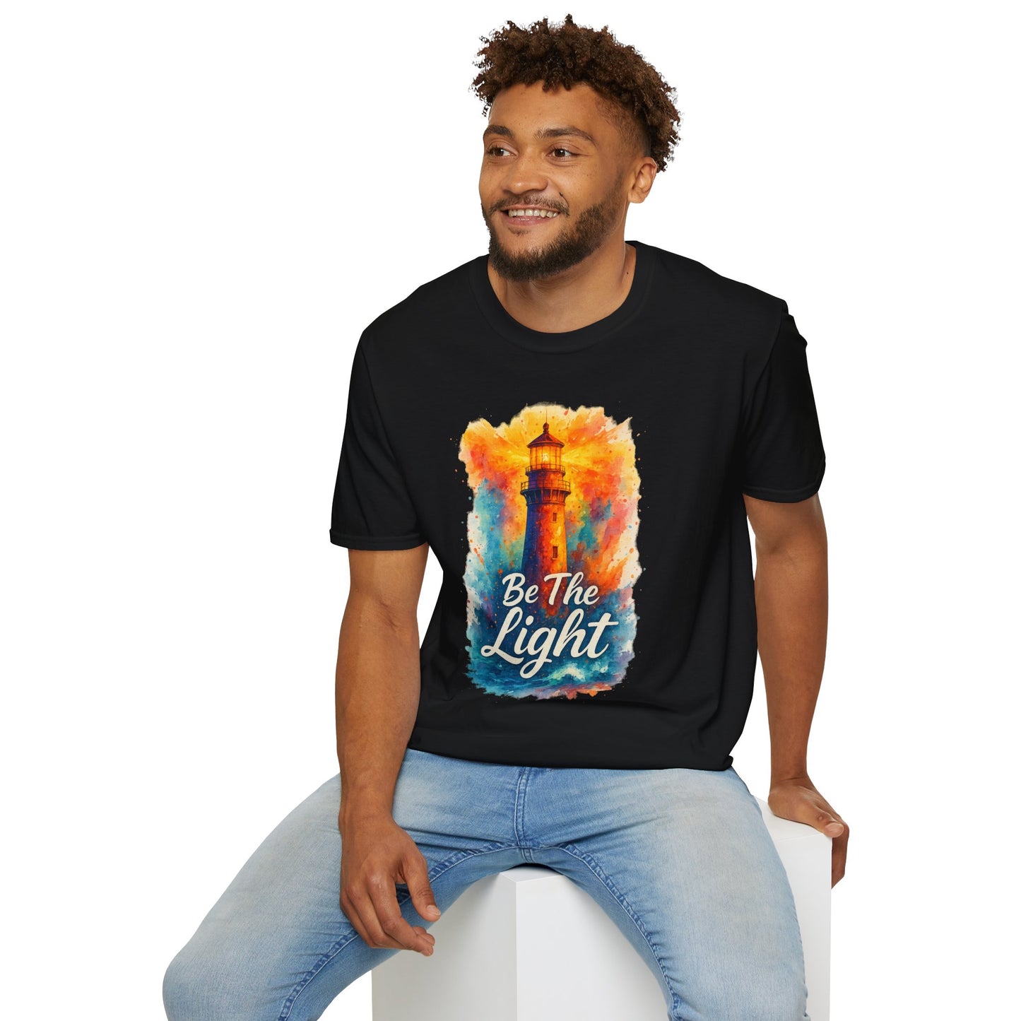 Be The Light Lighthouse T-Shirt | Inspirational Spiritual Tee | Coastal Nautical Gift for Her and Him | Unisex Softstyle Graphic Tee