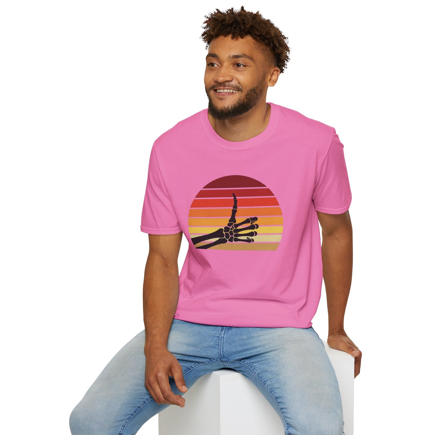 Skeleton Hand Rock On Shirt - Retro Sunset Halloween T-Shirt, Spooky Skeleton Finger Tee, Vintage 70s Style Goth Shirt, Unisex Sizes