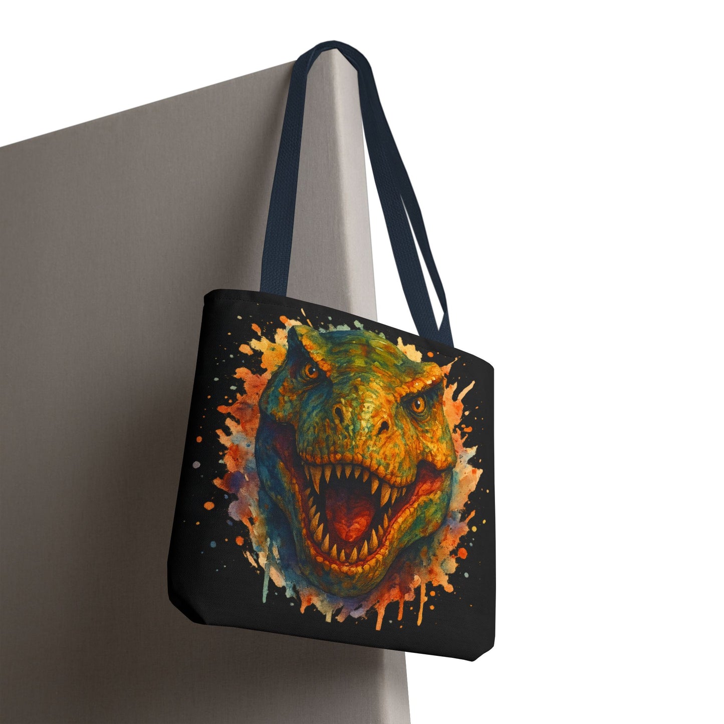 T-Rex Watercolor Tote Bag - 100% Polyester Canvas, Vibrant Dinosaur Art Bag, Reusable Beach-Market Tote, Dino Lover Gift, Bold Style