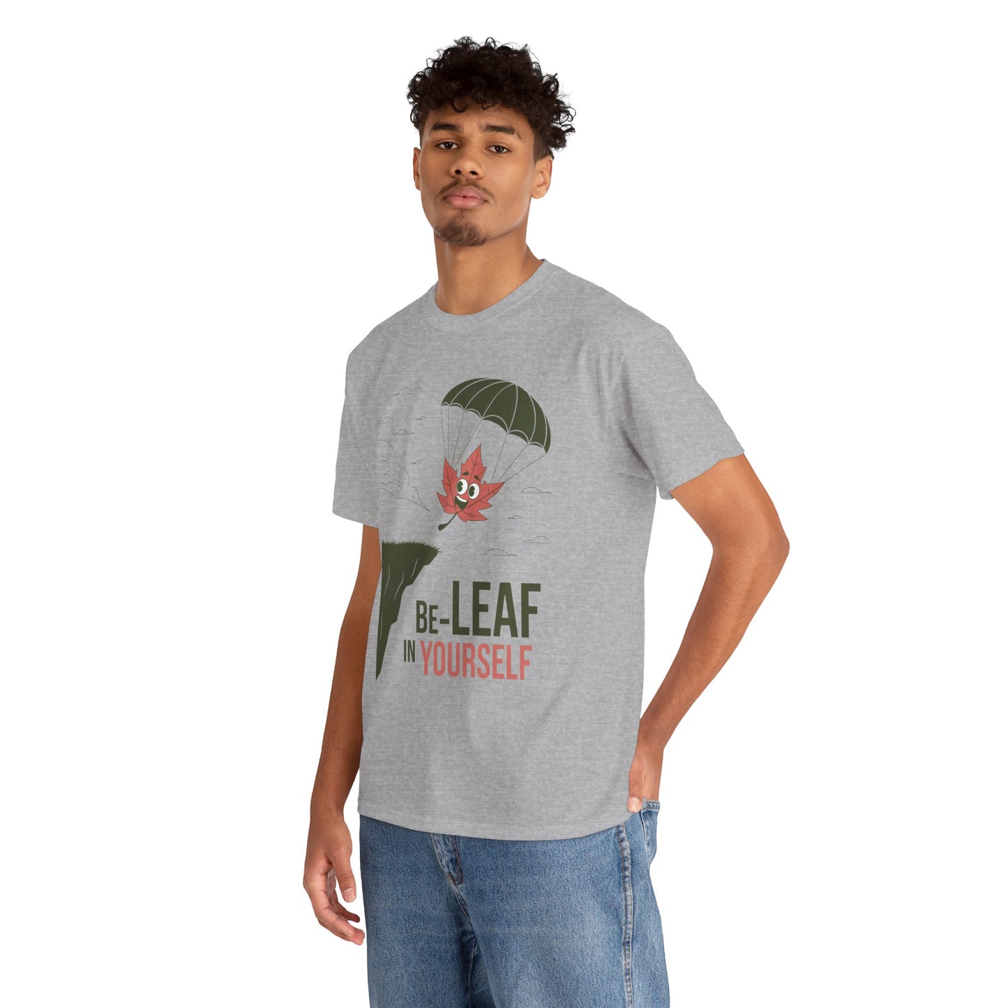 Be-Leaf In Yourself Maple Leaf Parachute T-Shirt | Funny Motivational Nature Graphic Tee | Self-Love Fall Autumn Shirt | Outdoorsy Gift