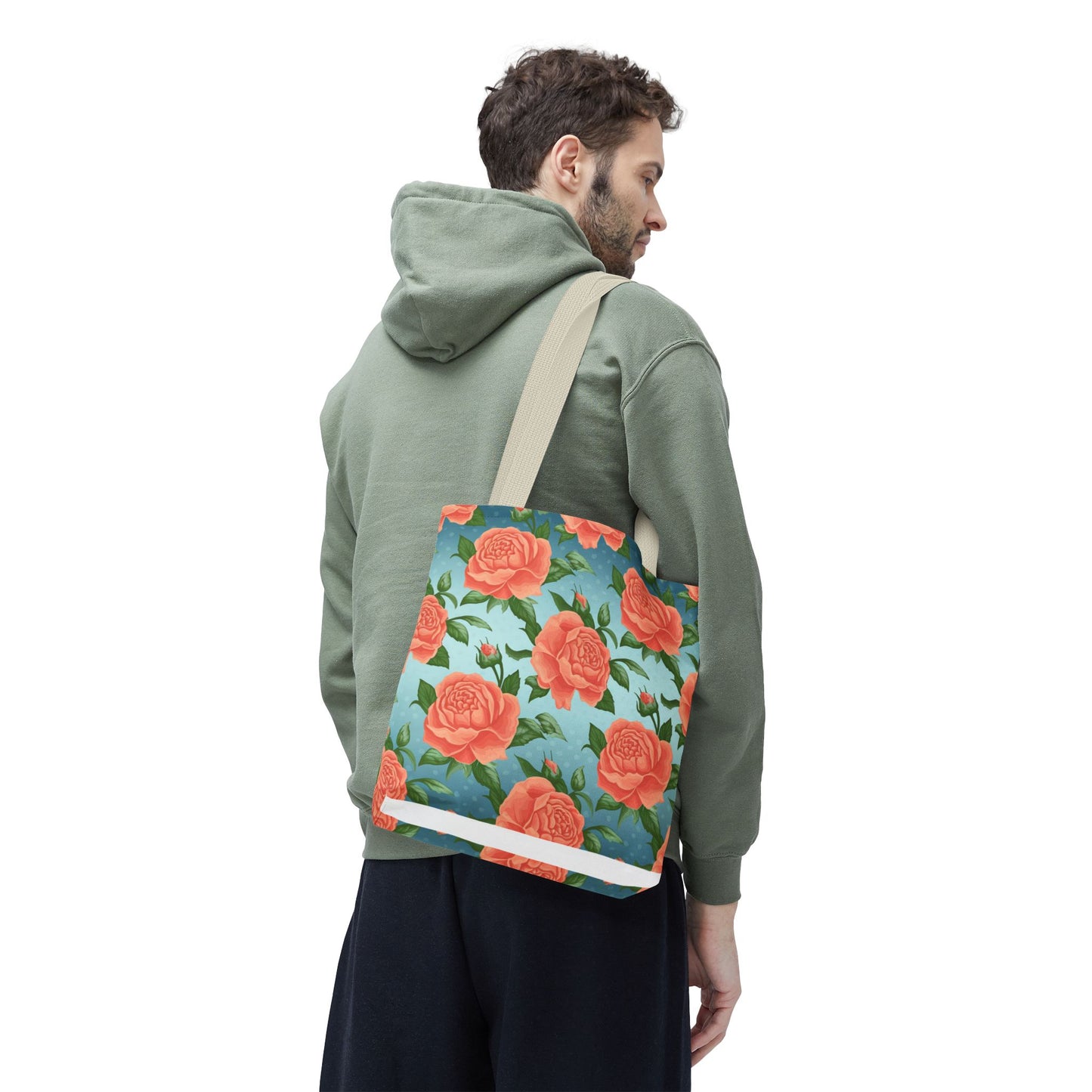 Vintage Floral Tote Bag – Coral Rose Pattern on Blue Background – Aesthetic Everyday Carry Bag – Reusable Fabric Market Tote Gift